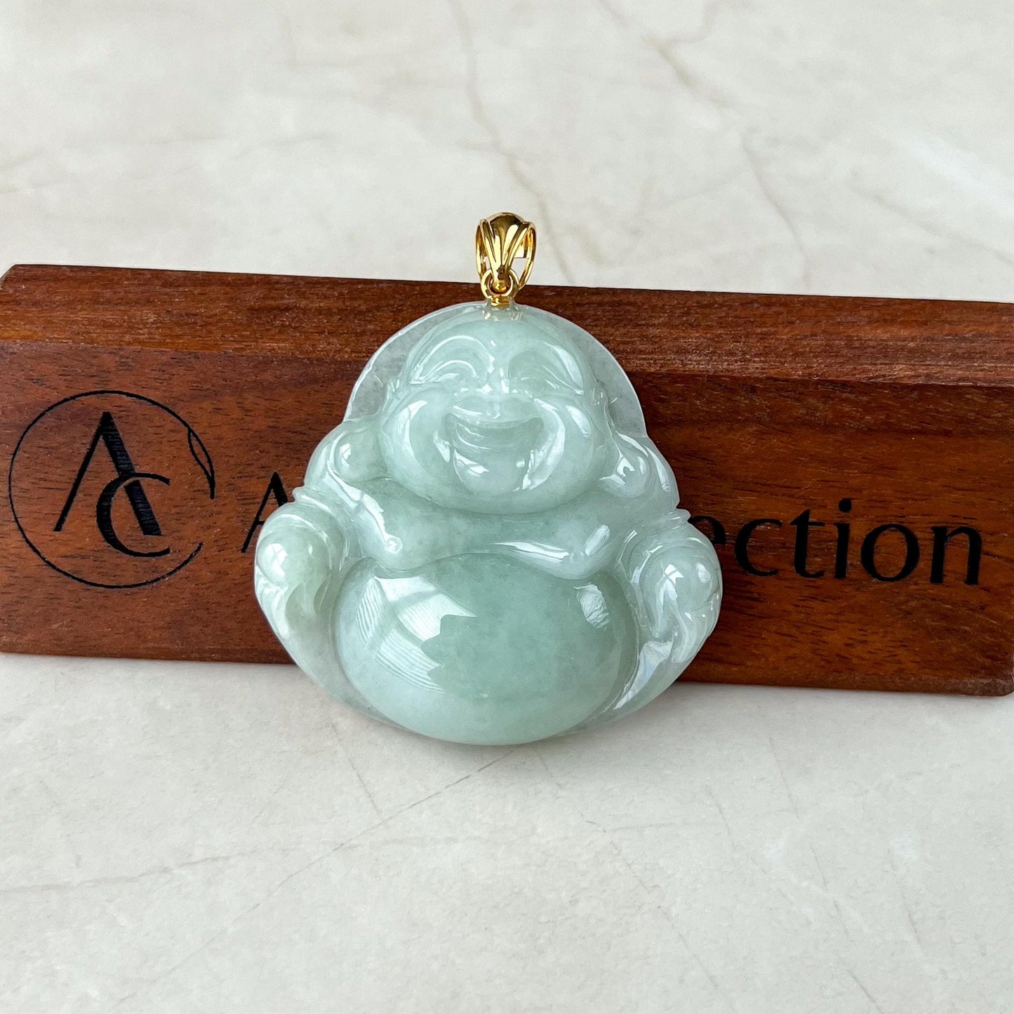 Very Large Jadeite Jade Large Happy Buddha Pendant, Light Green Jadeite Jade with 18k Solid Gold Bail, YGR-1124-1734817642