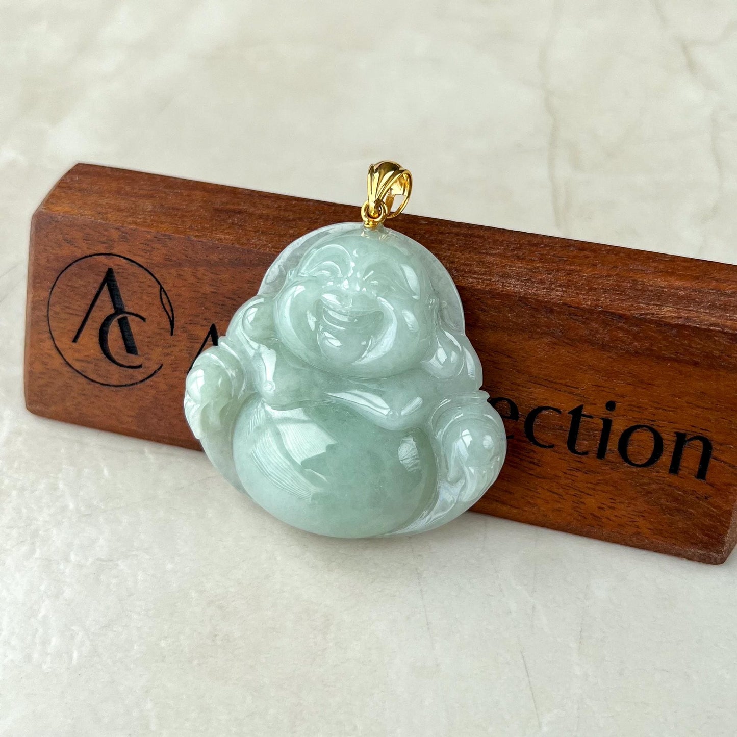 Very Large Jadeite Jade Large Happy Buddha Pendant, Light Green Jadeite Jade with 18k Solid Gold Bail, YGR-1124-1734817642