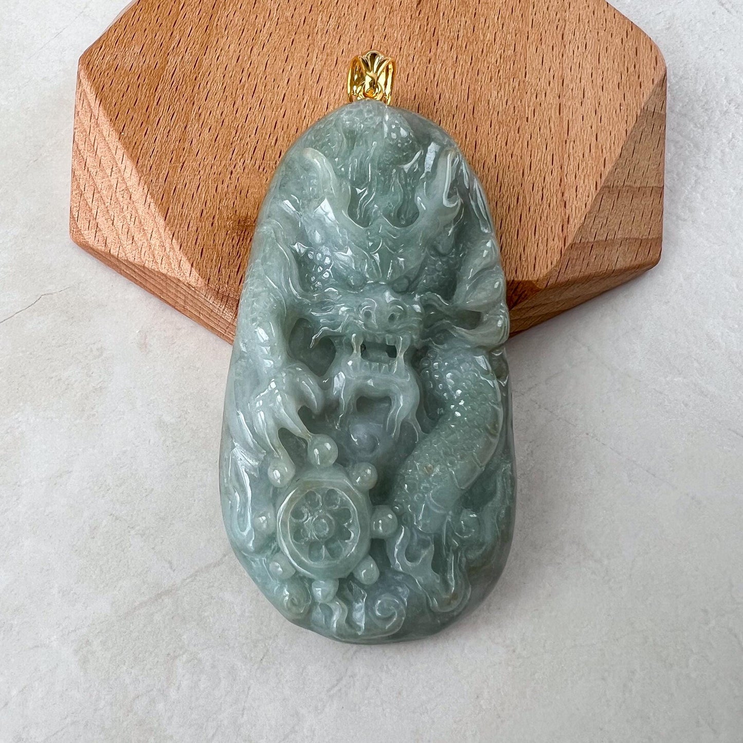 Celestial Helm Dragon Jade Pendant, Jadeite Jade Dragon Hand Carved Pendant with 18K Gold, BH-0224-0003060