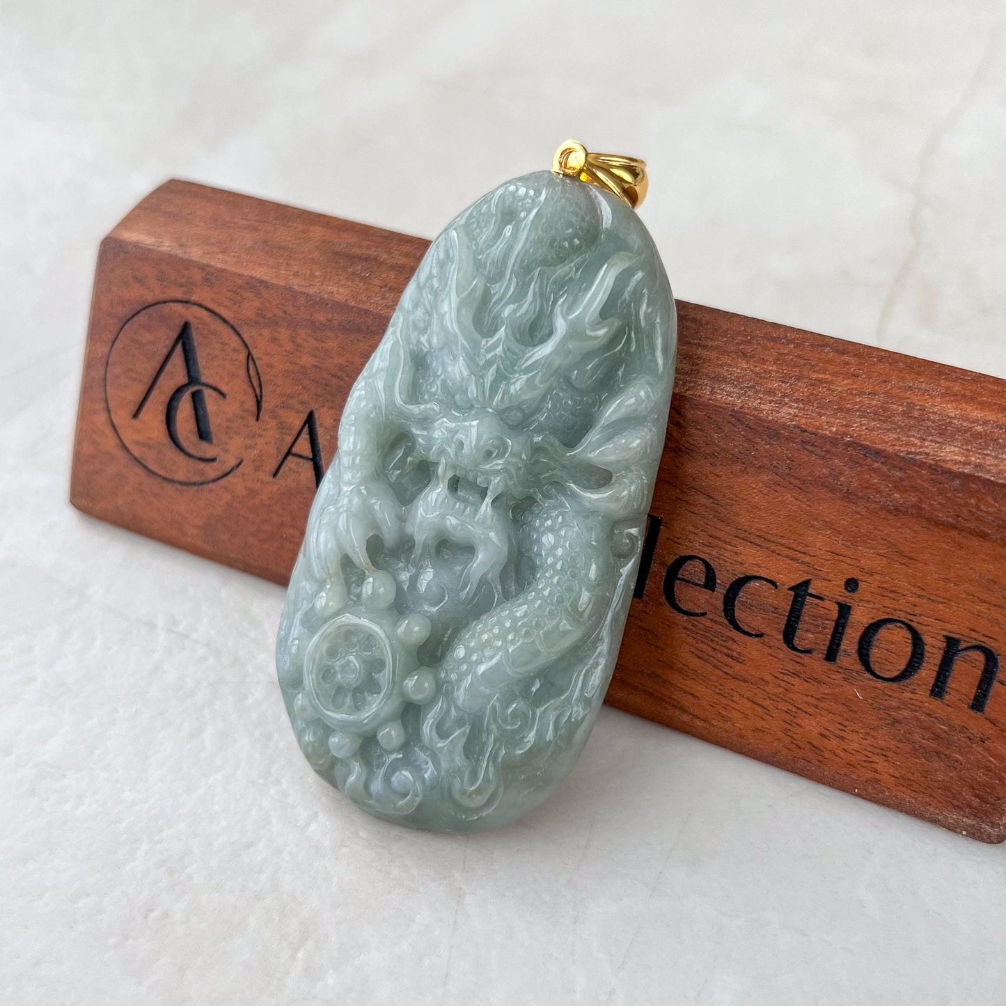 Celestial Helm Dragon Jade Pendant, Jadeite Jade Dragon Hand Carved Pendant with 18K Gold, BH-0224-0003060