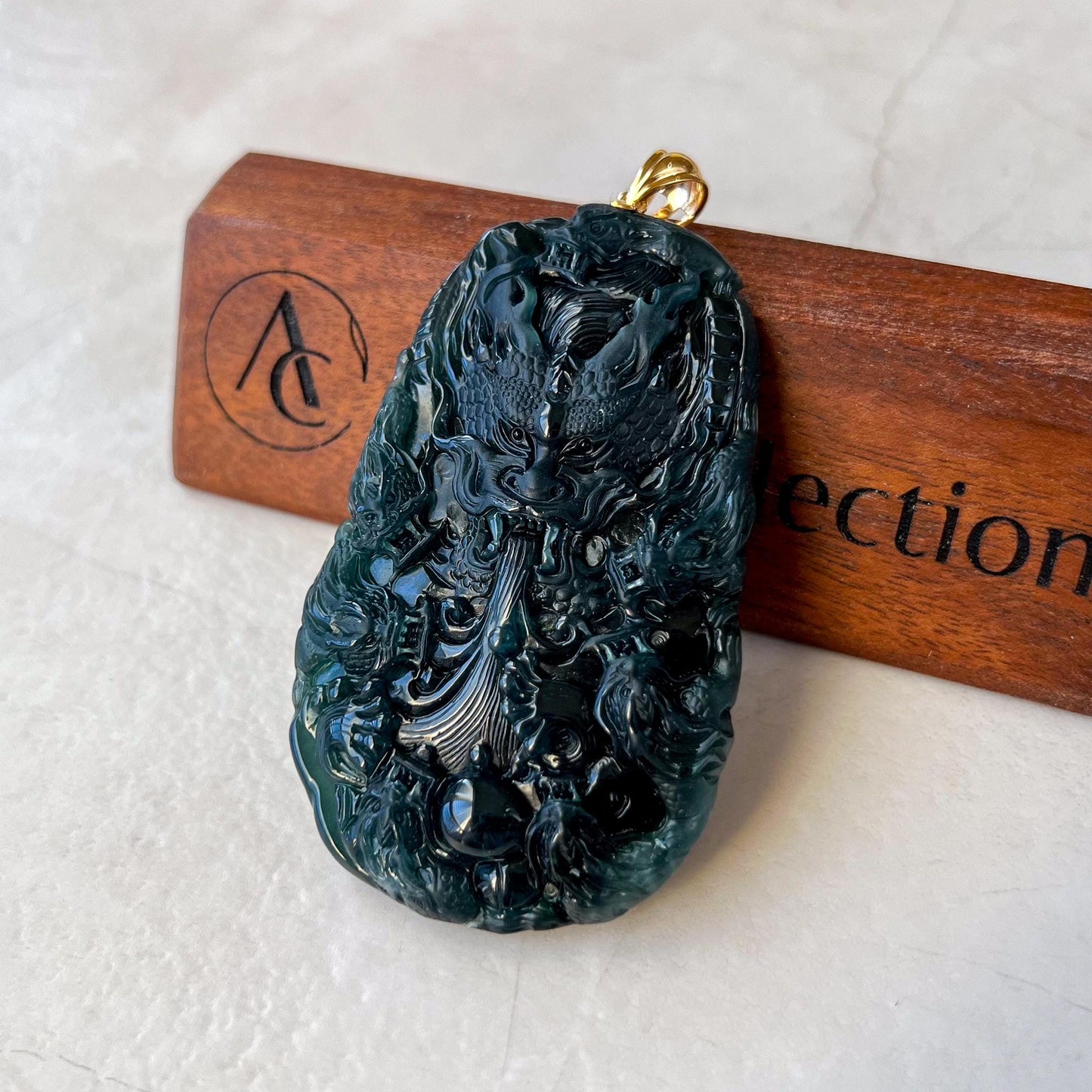 Nine Dragons of the Seas Jade Pendant, 9 Dragon Jadeite Jade with 18K Solid Gold Pendant, Dual Sided Carved Pendant, CAN-0424-1734902578