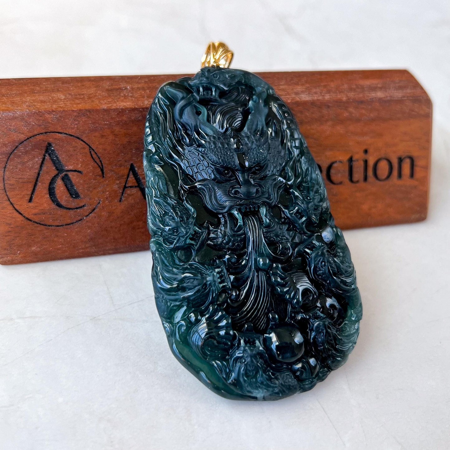 Nine Dragons of the Seas Jade Pendant, 9 Dragon Jadeite Jade with 18K Solid Gold Pendant, Dual Sided Carved Pendant, CAN-0424-1734902578