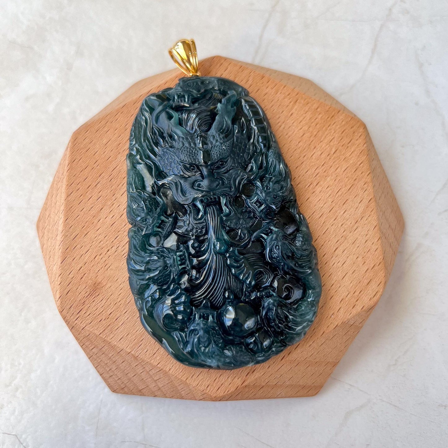 Nine Dragons of the Seas Jade Pendant, 9 Dragon Jadeite Jade with 18K Solid Gold Pendant, Dual Sided Carved Pendant, CAN-0424-1734902578