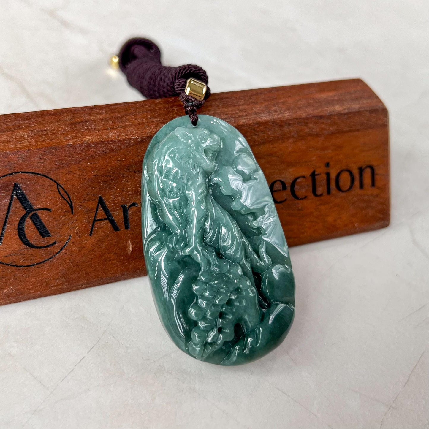 Tiger's Ascent Jade Pendant, Green Jadeite Hand Carved Jade Pendant, YJ-0522-0418390