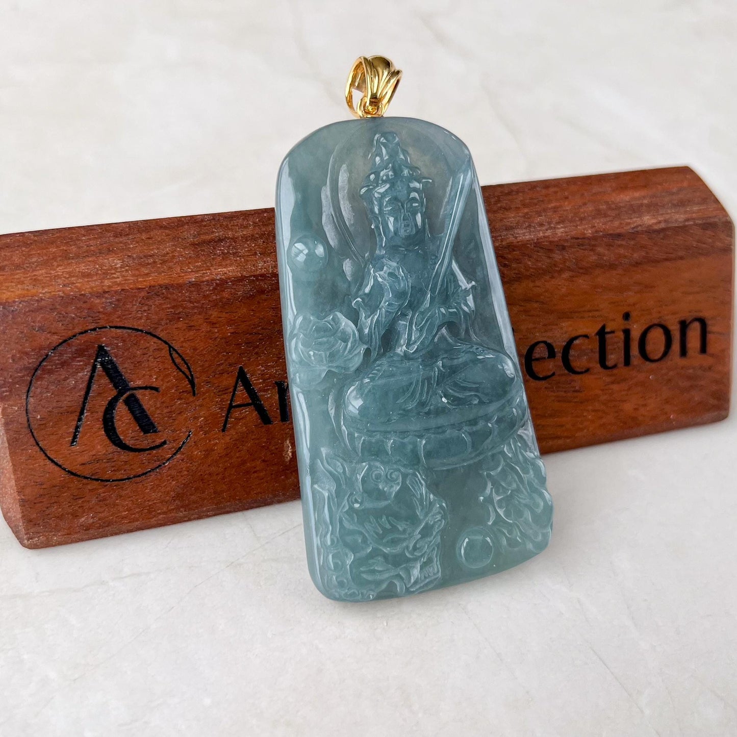 Manjushri Buddha Pendant with 18K gold, Jadeite Jade Wisdom Buddha Wen Shu, Văn Thù Sư Lợi Bồ Tát,  文殊, Carved Pendant, SC-0224-1735425932