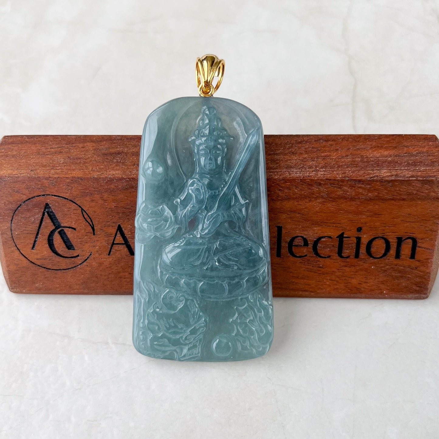 Manjushri Buddha Pendant with 18K gold, Jadeite Jade Wisdom Buddha Wen Shu, Văn Thù Sư Lợi Bồ Tát,  文殊, Carved Pendant, SC-0224-1735425932