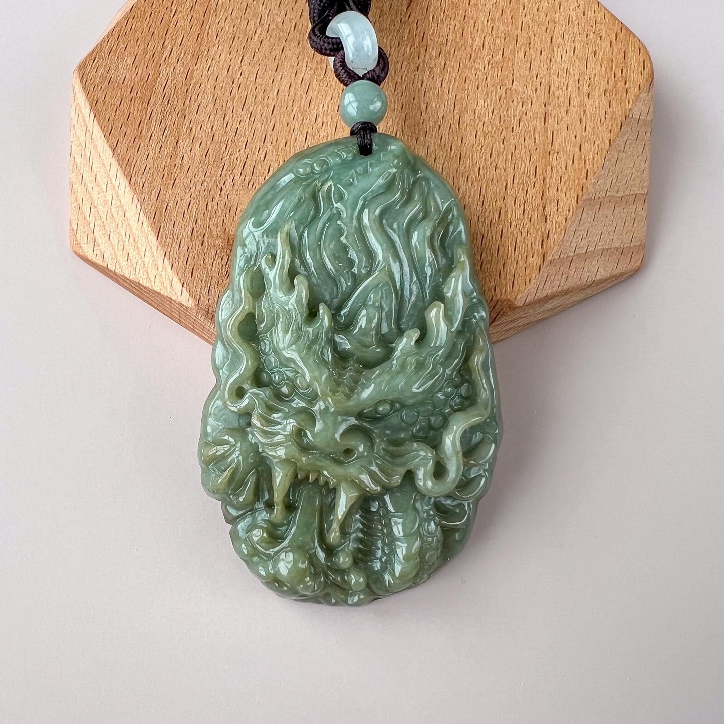 Emerald Flame Jade Dragon Pendant, Green Jadeite Jade Dragon Hand Carved Pendant Necklace, BGC-1222-0022402