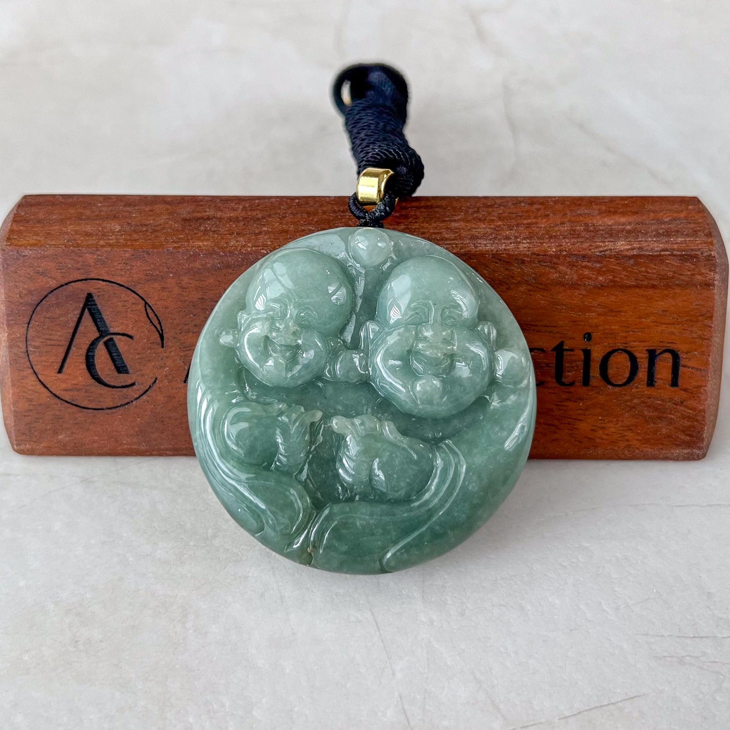 Large Double Laughing Buddha Jade Pendant, Large Happy Buddha, Green Jadeite Jade Carved Jadeite Pendant, Budai, YJ-0522-0418409