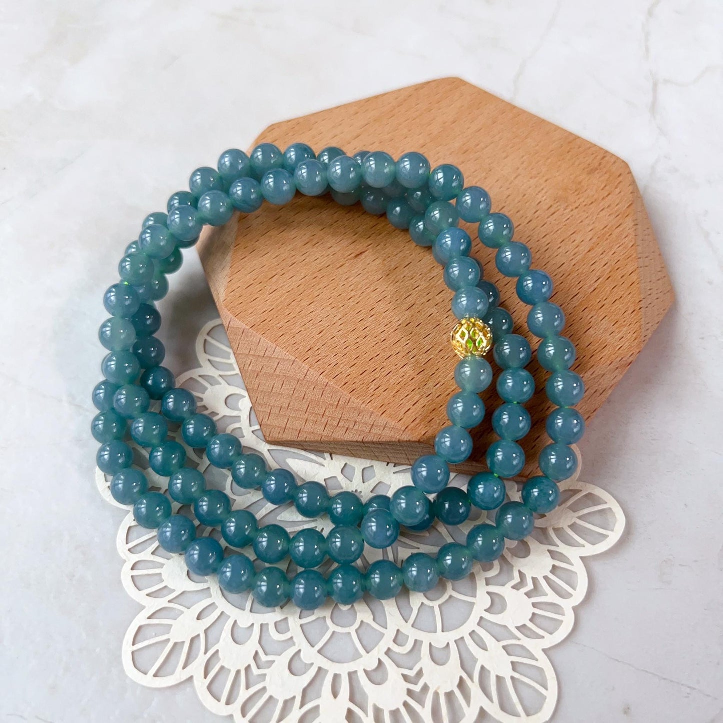 6.7 mm 108 Blue Green Jadeite Jade Mala Prayer Beads Bracelet Necklace, SCA-0424-1735616068