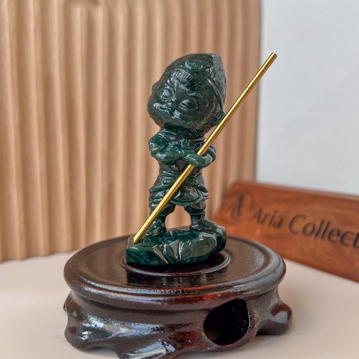 Baby Monkey King Jade Figurine, Sun Wu Kong Jade Figurine with Staff, Small Jade Figurine, 孙悟空, WMC-0724-1735837118