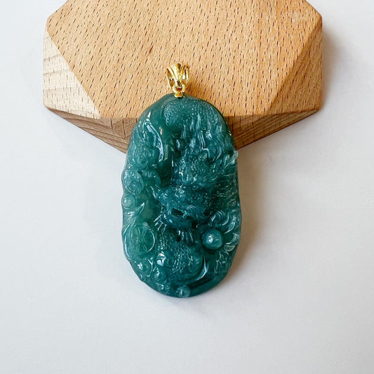 Dragon's Fury Jade Pendant, Jadeite Jade Dragon Hand Carved Pendant with 18K Gold, ZF-0124-1735839418