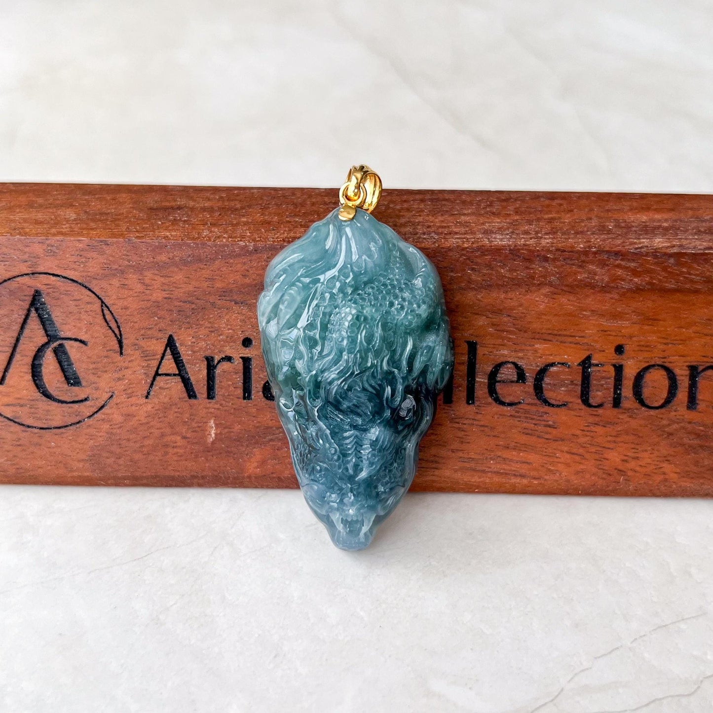 Green Dragon Head Jade Pendant, Jadeite Jade Hand Carved Pendant with 18K Solid Gold Bail, NVN-0424-1736015025