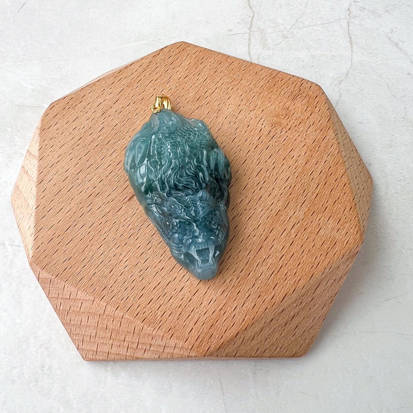 Green Dragon Head Jade Pendant, Jadeite Jade Hand Carved Pendant with 18K Solid Gold Bail, NVN-0424-1736015025