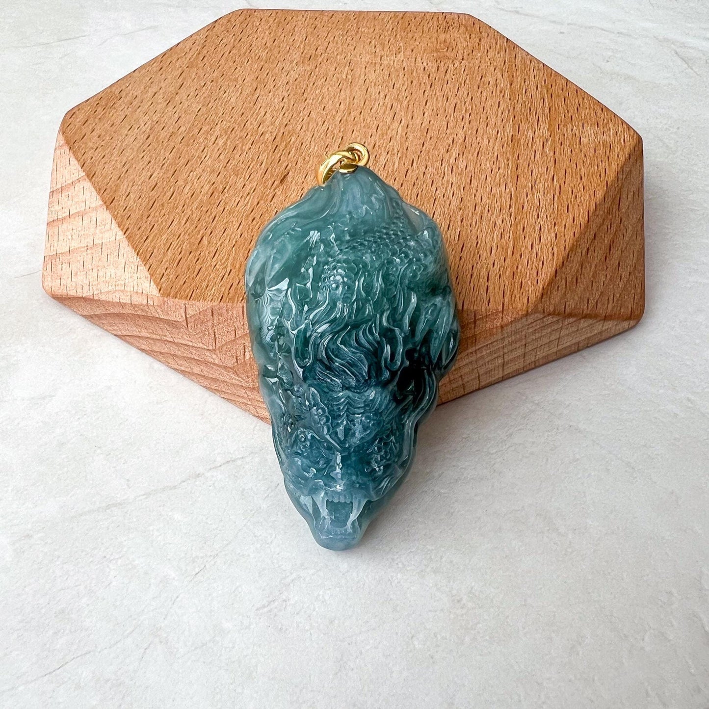 Green Dragon Head Jade Pendant, Jadeite Jade Hand Carved Pendant with 18K Solid Gold Bail, NVN-0424-1736015025