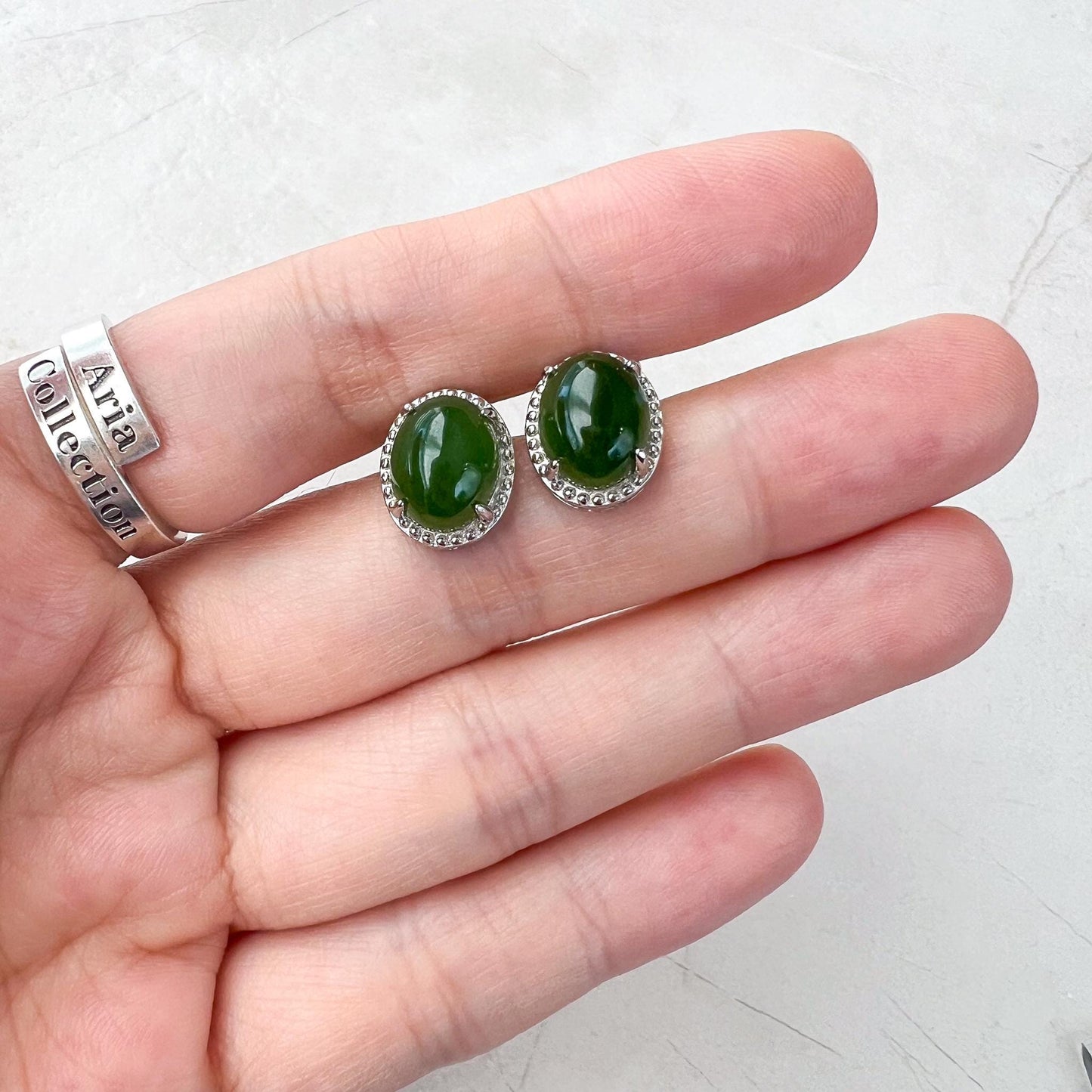 Green Jade Classic Earring Studs, Style 2, Green Nephrite Jade Sterling Silver Earrings, JSY-0424-12111