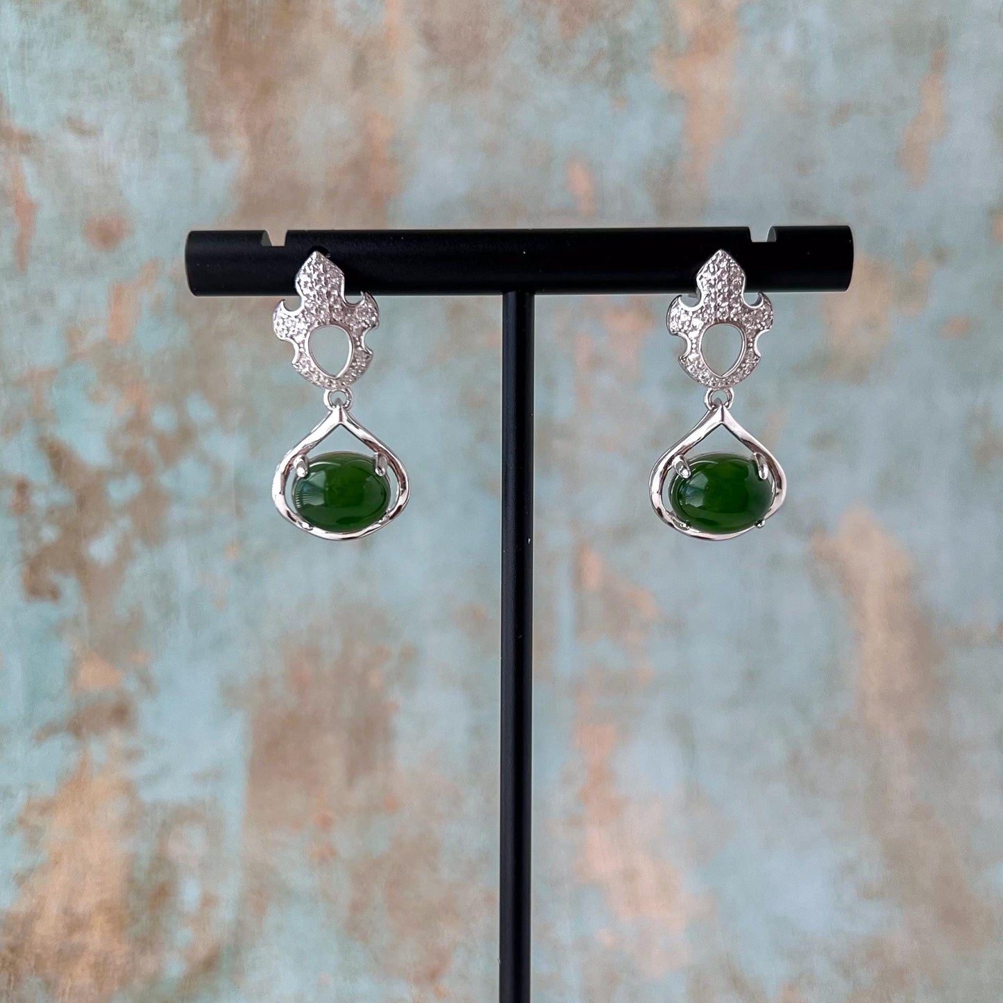 Jade Silver Maple Earrings, Green Nephrite Jade Sterling Silver Earrings, JSY-0424-12113