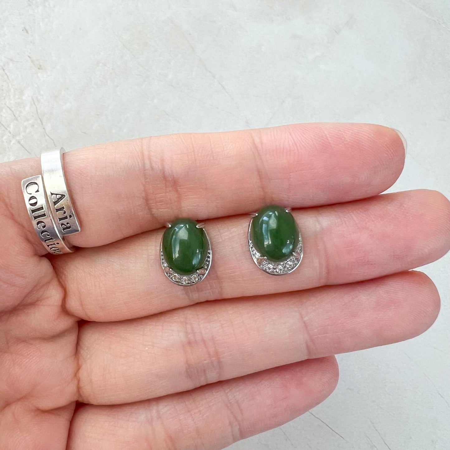 Green Half Moon Jade Earring Studs, Green Nephrite Jade Sterling Silver Earrings, JSY-0424-12108