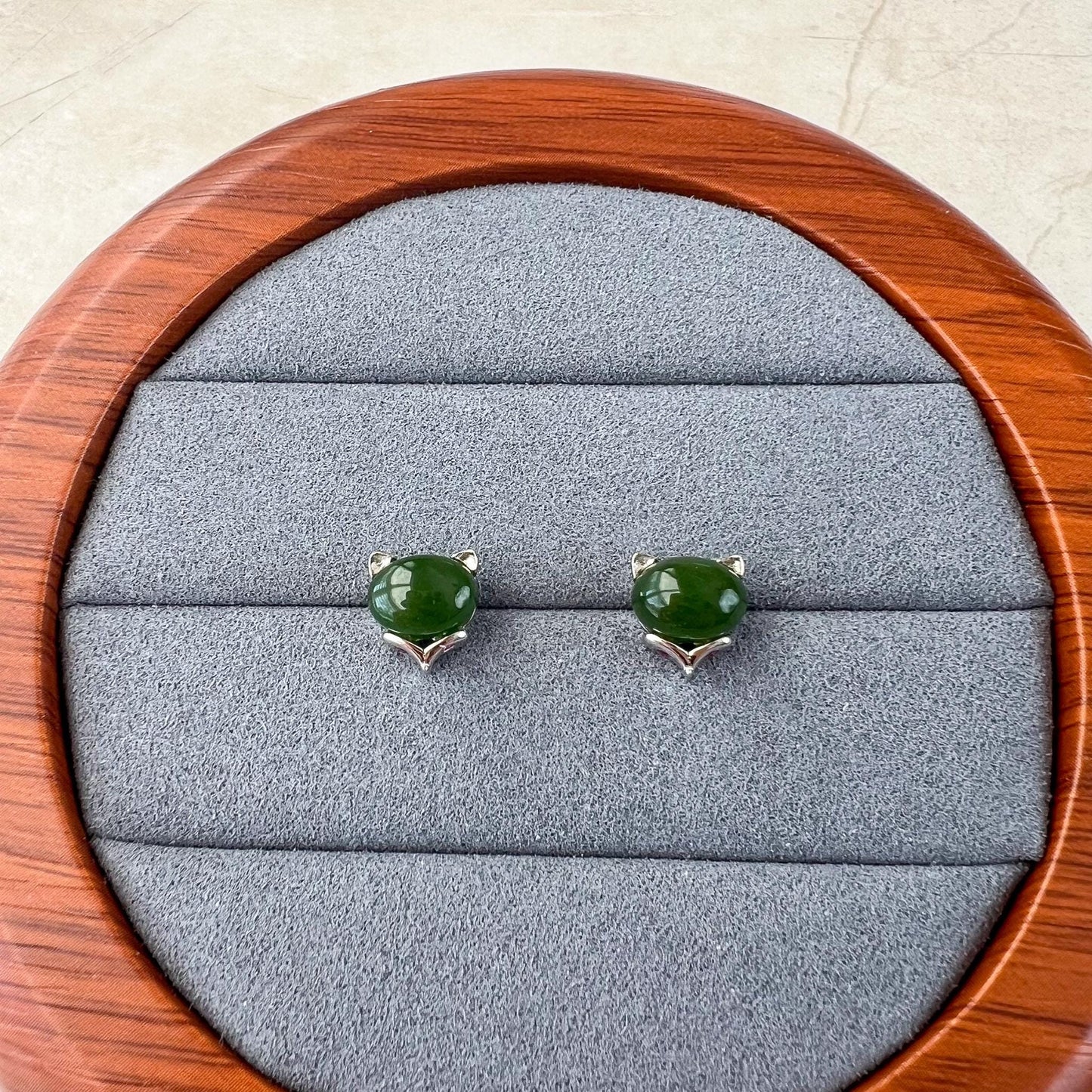 Minimalist Fox Ear Jade Earring Studs, Green Nephrite Jade Sterling Silver Earrings, JSY-0424-12117