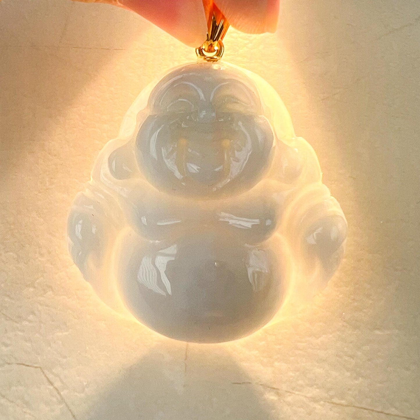 Purple Lavender Jadeite Jade Large Happy Buddha Carved Pendant with 18k Solid Gold Bail, YGR-0823-1734587275