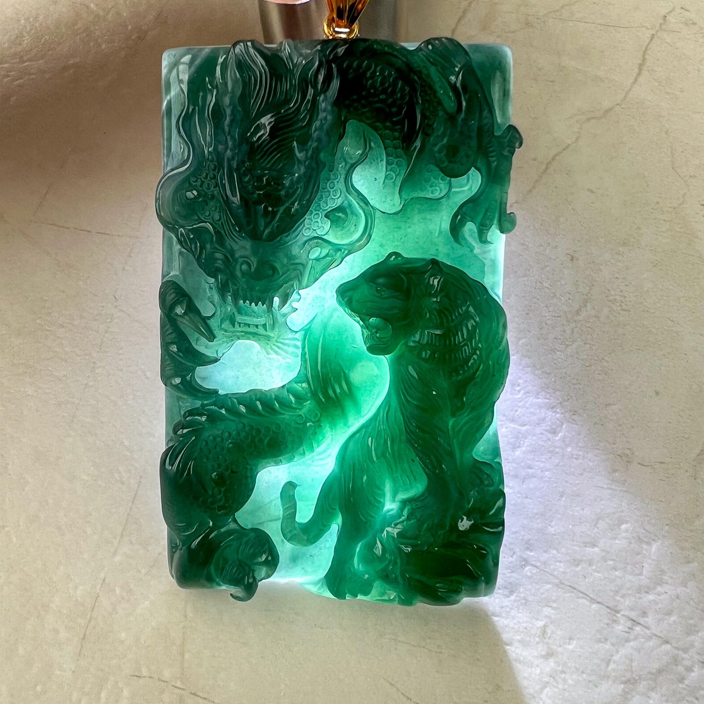 Guardian Dragon and Tiger Jade Pendant, Landscape Pendant, Green Jadeite Jade Dragon Hand Carved Pendant with 18K Gold, EAS-0424-1734588427