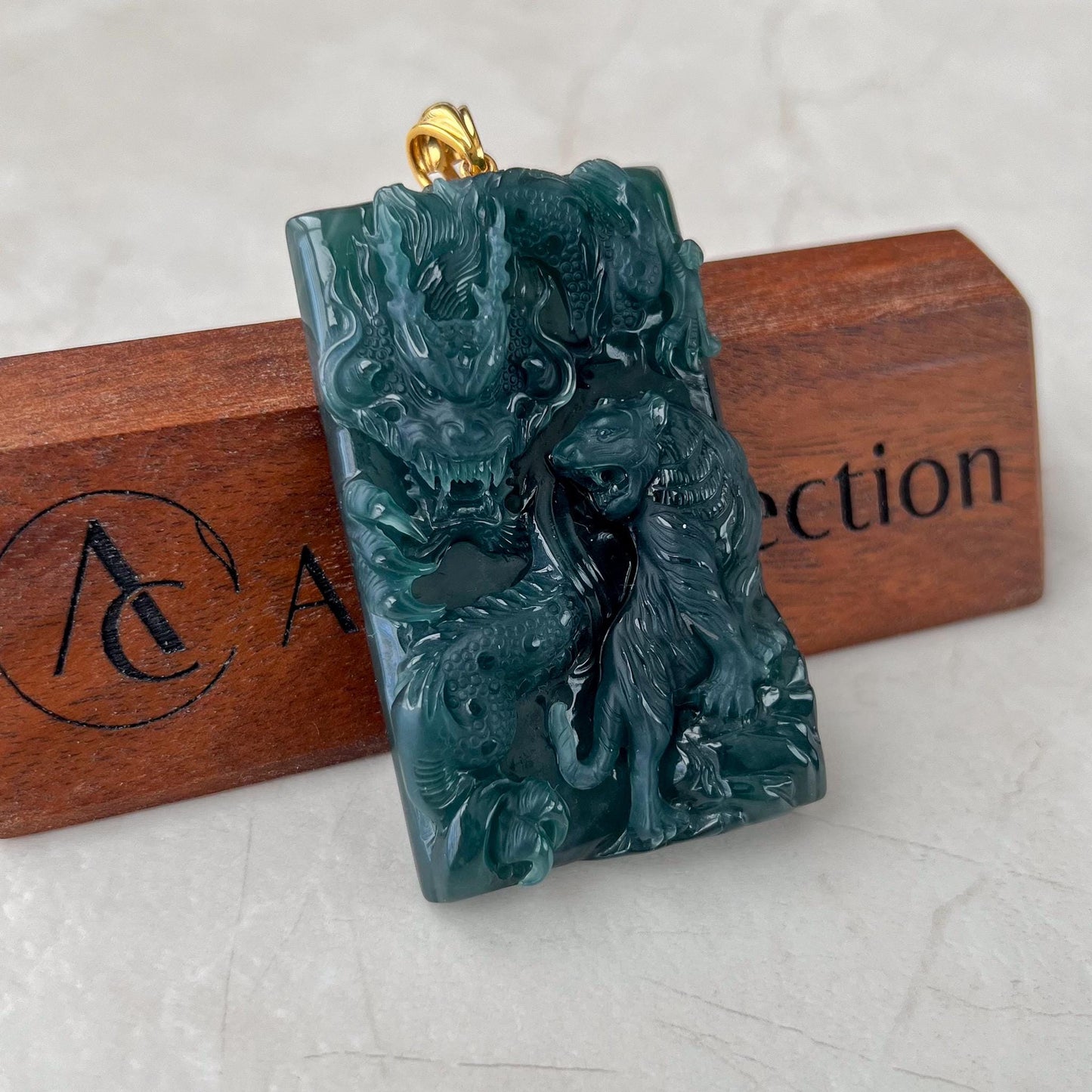 Guardian Dragon and Tiger Jade Pendant, Landscape Pendant, Green Jadeite Jade Dragon Hand Carved Pendant with 18K Gold, EAS-0424-1734588427