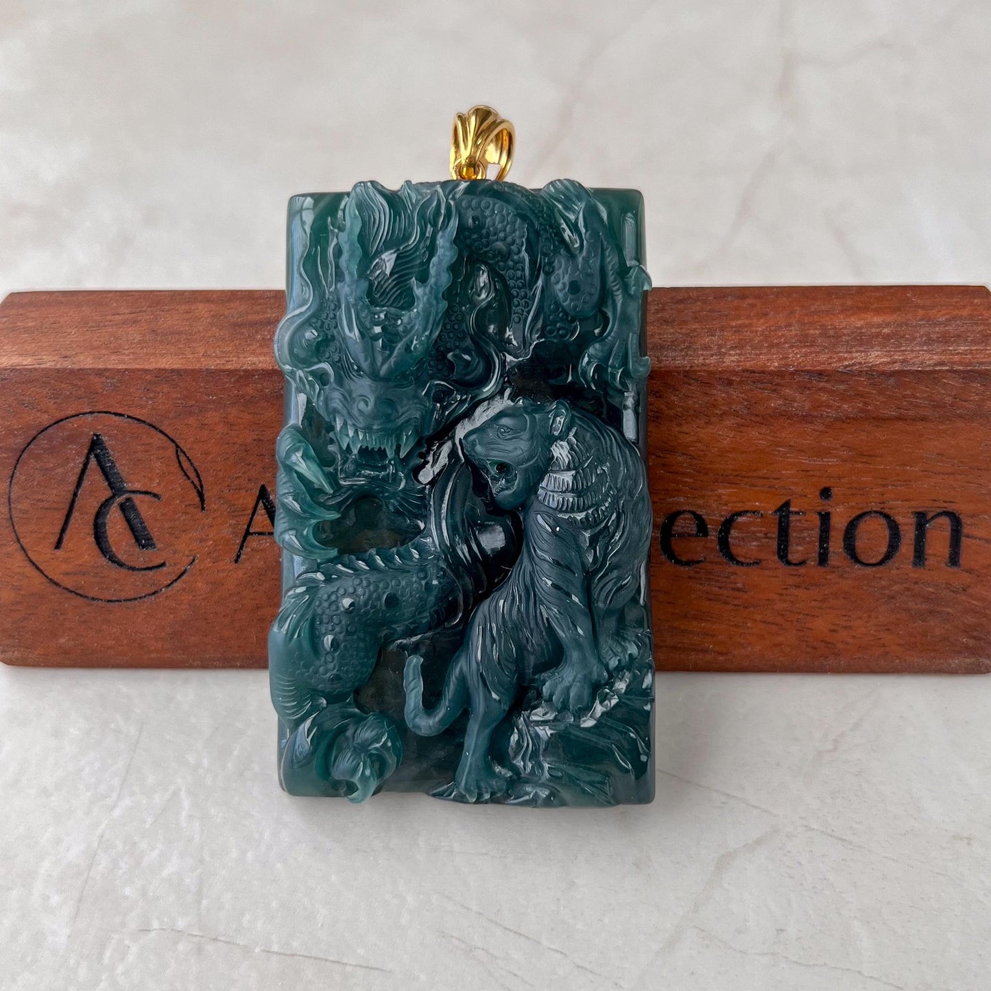 Guardian Dragon and Tiger Jade Pendant, Landscape Pendant, Green Jadeite Jade Dragon Hand Carved Pendant with 18K Gold, EAS-0424-1734588427