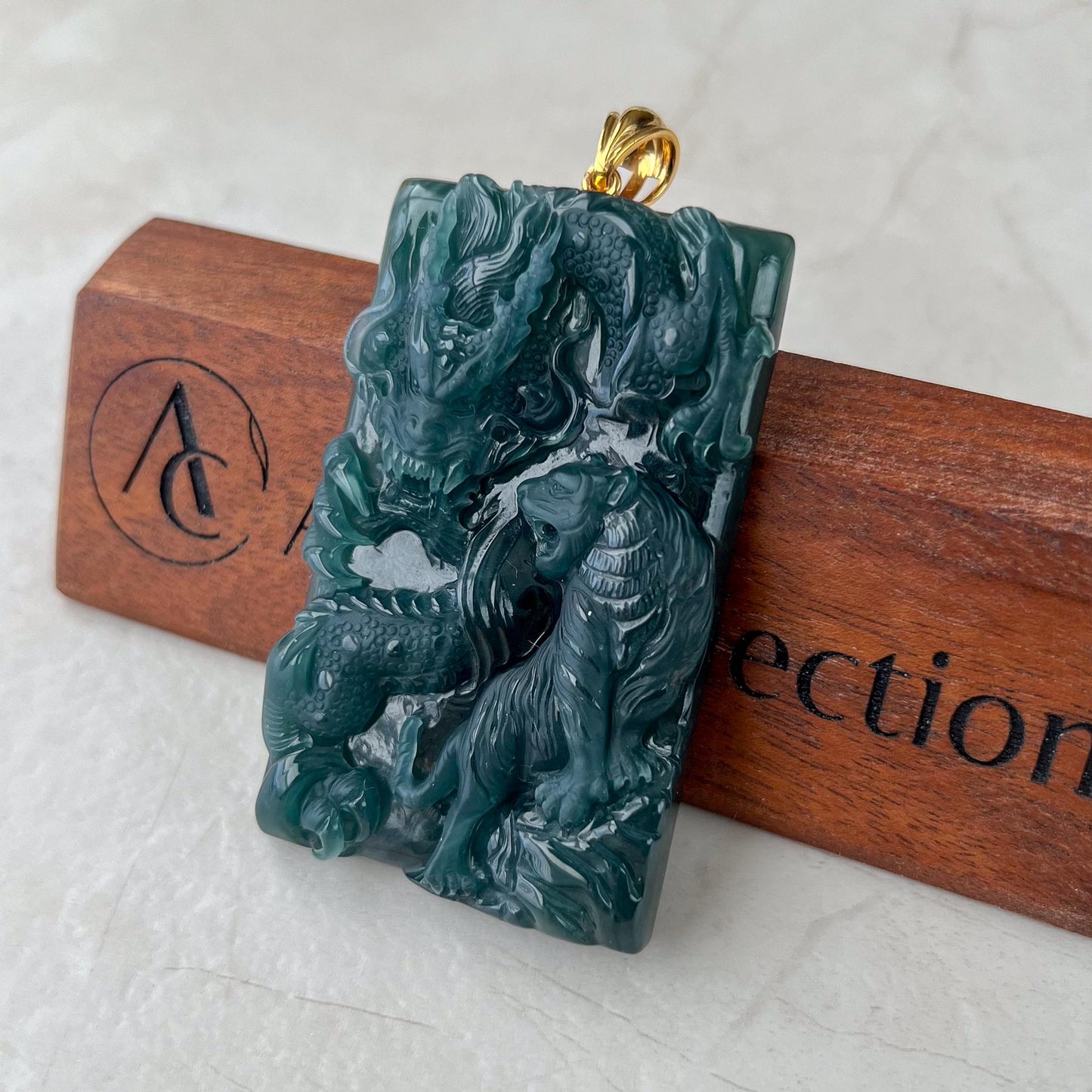 Guardian Dragon and Tiger Jade Pendant, Landscape Pendant, Green Jadeite Jade Dragon Hand Carved Pendant with 18K Gold, EAS-0424-1734588427