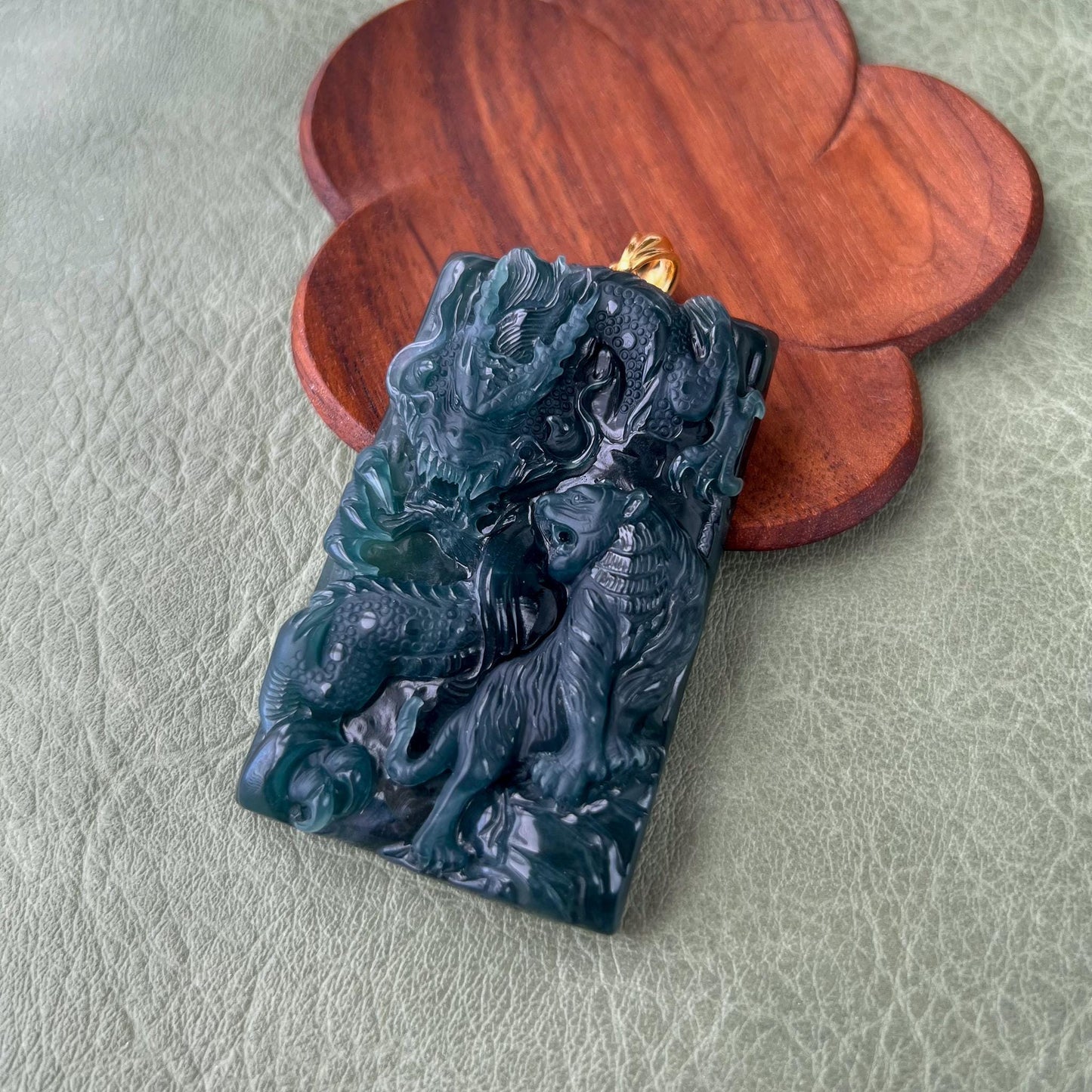 Guardian Dragon and Tiger Jade Pendant, Landscape Pendant, Green Jadeite Jade Dragon Hand Carved Pendant with 18K Gold, EAS-0424-1734588427