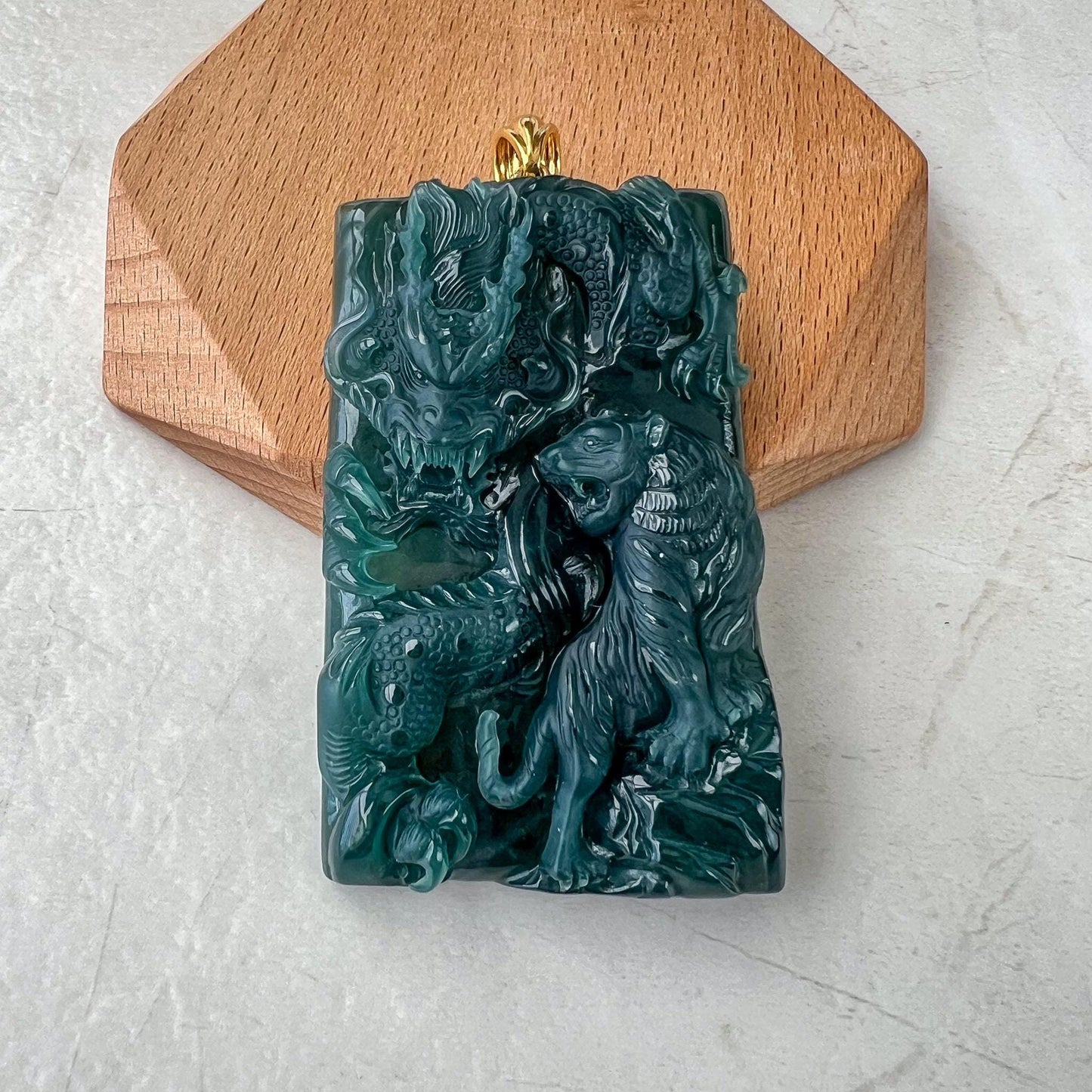 Guardian Dragon and Tiger Jade Pendant, Landscape Pendant, Green Jadeite Jade Dragon Hand Carved Pendant with 18K Gold, EAS-0424-1734588427