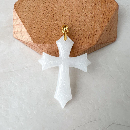 Celestial White Jade Cross Pendant with 18K Solid Gold Bail, Jadeite Jade Hand Carved Pendant, YY-1123-1736656246