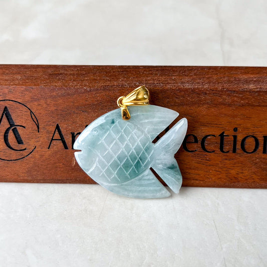 Large Jade Fish Pendant, Jadeite Jade Hand Carved Pendant with 18K Solid Gold Bail, BH-0224-0005331