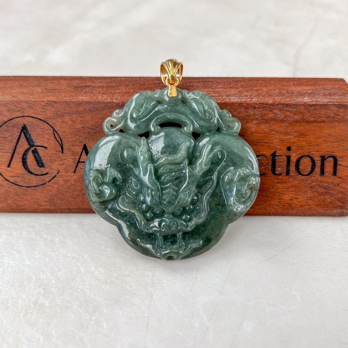 Prosperity Ruyi Dragon Pendant Jade Pendant, Jadeite Jade 如意 Hand Carved Pendant with 18K Gold, YO-0424-1736723308