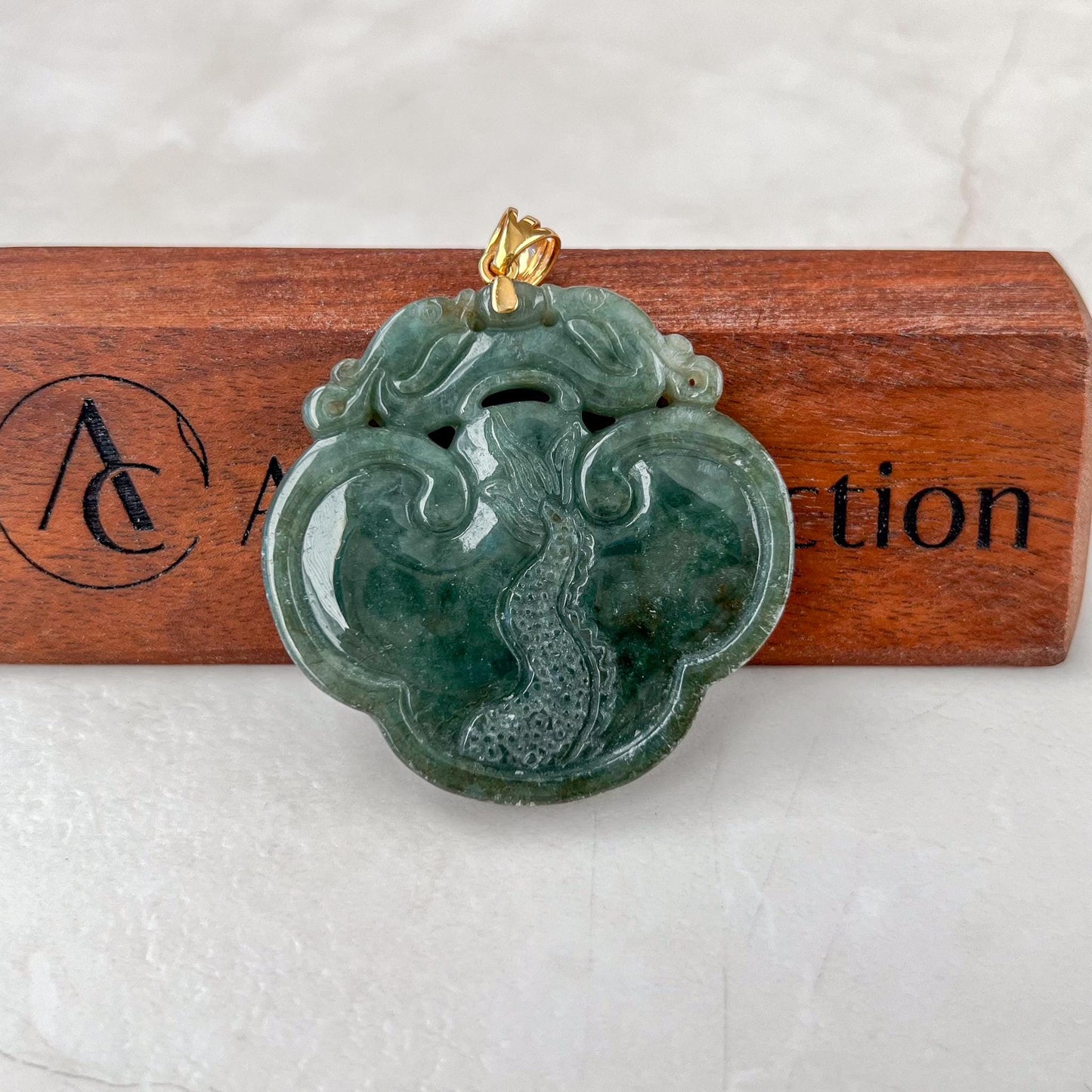 Prosperity Ruyi Dragon Pendant Jade Pendant, Jadeite Jade 如意 Hand Carved Pendant with 18K Gold, YO-0424-1736723308