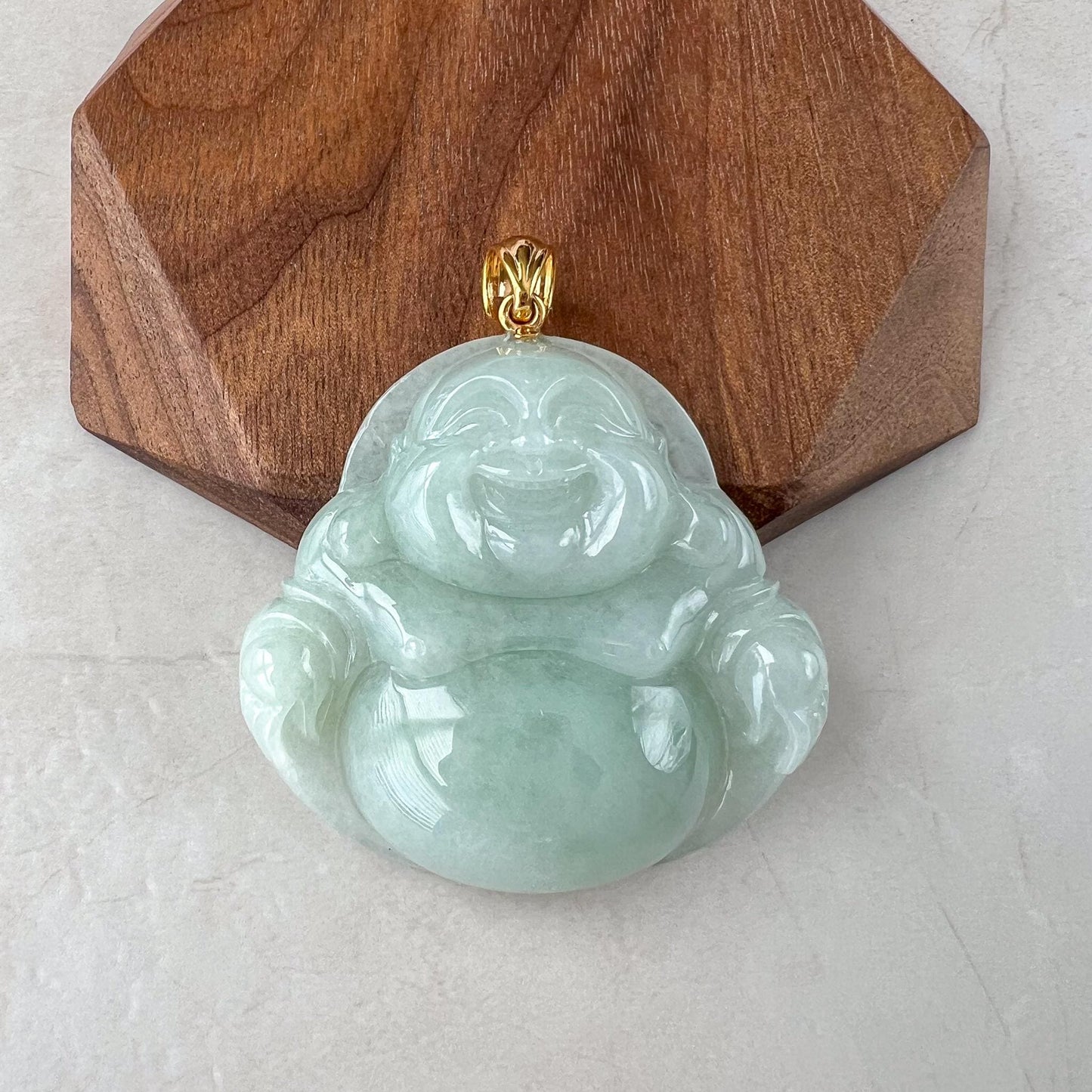 Very Large Jadeite Jade Large Happy Buddha Pendant, Light Green Jadeite Jade with 18k Solid Gold Bail, YGR-1124-1734817642