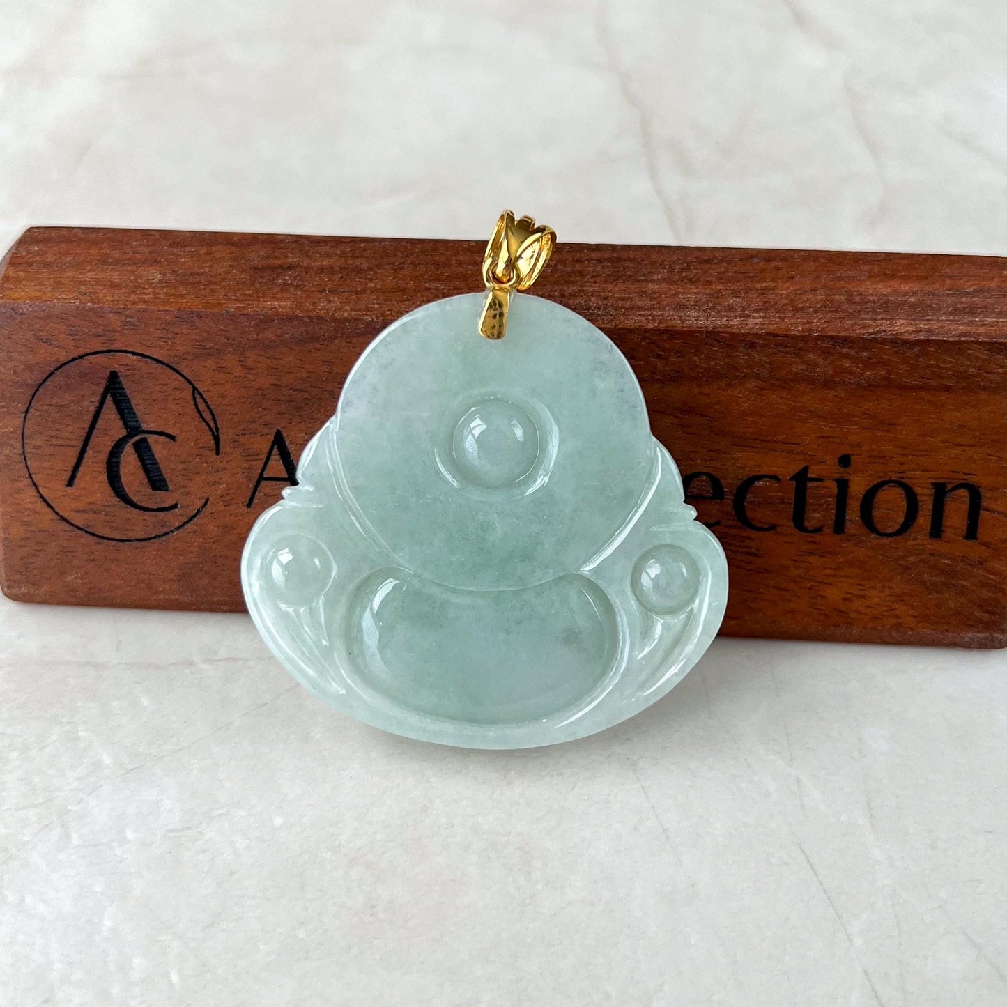 Very Large Jadeite Jade Large Happy Buddha Pendant, Light Green Jadeite Jade with 18k Solid Gold Bail, YGR-1124-1734817642