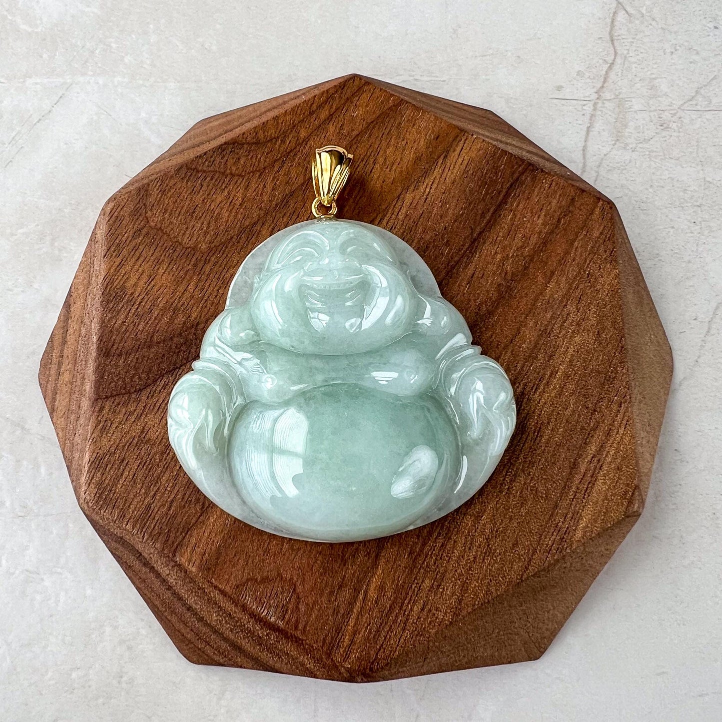 Very Large Jadeite Jade Large Happy Buddha Pendant, Light Green Jadeite Jade with 18k Solid Gold Bail, YGR-1124-1734817642