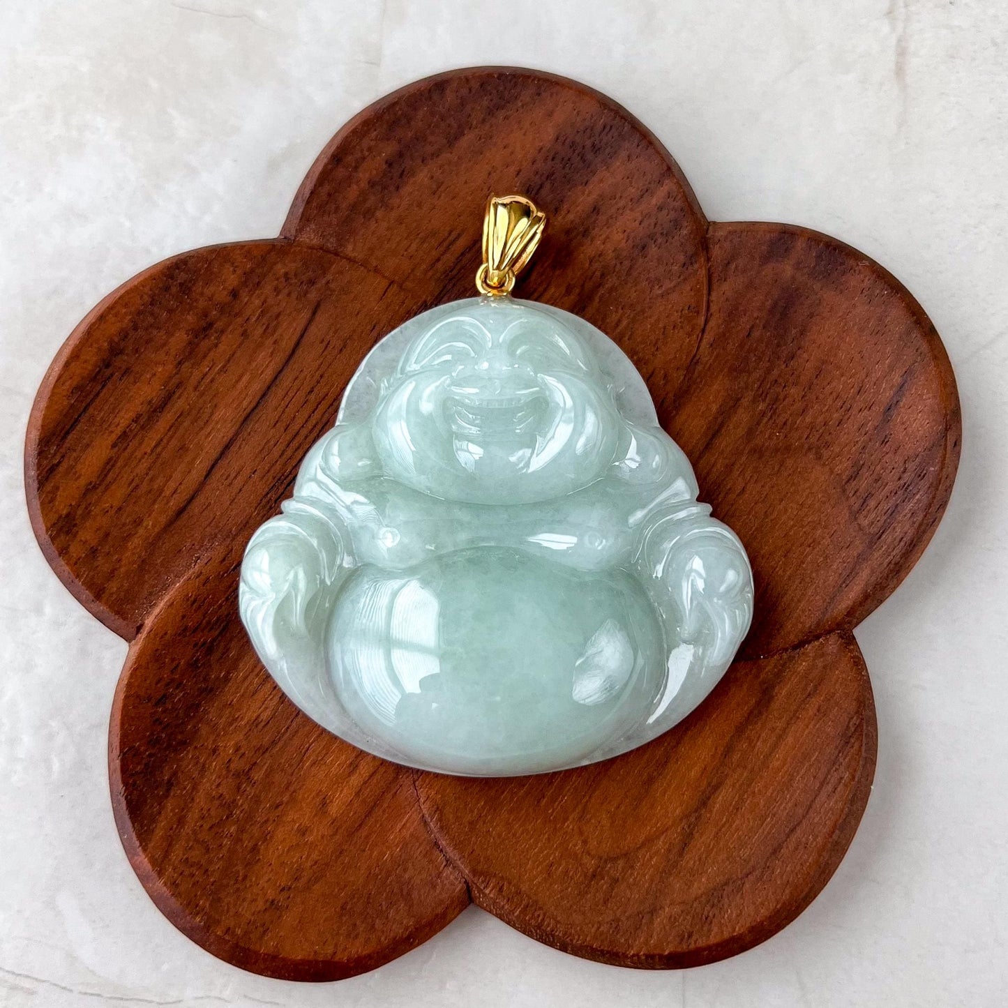 Very Large Jadeite Jade Large Happy Buddha Pendant, Light Green Jadeite Jade with 18k Solid Gold Bail, YGR-1124-1734817642