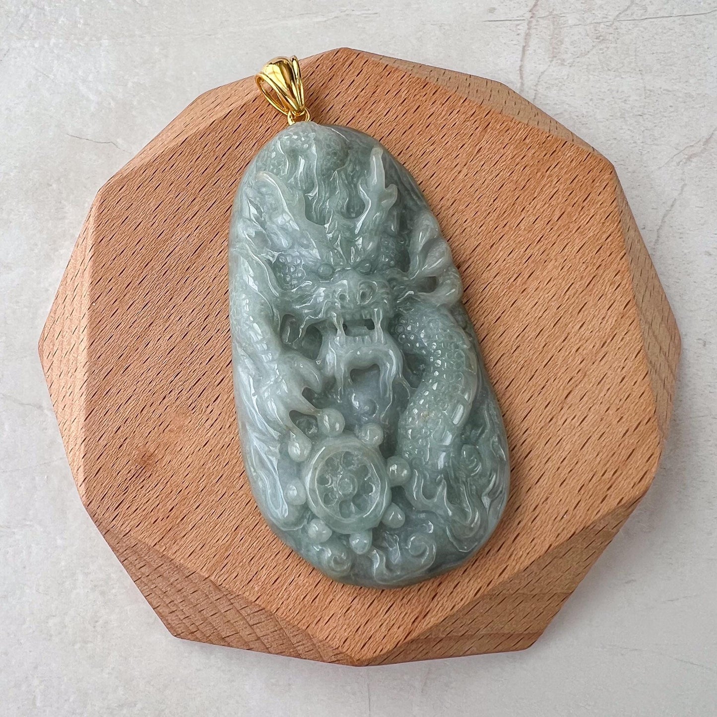 Celestial Helm Dragon Jade Pendant, Jadeite Jade Dragon Hand Carved Pendant with 18K Gold, BH-0224-0003060