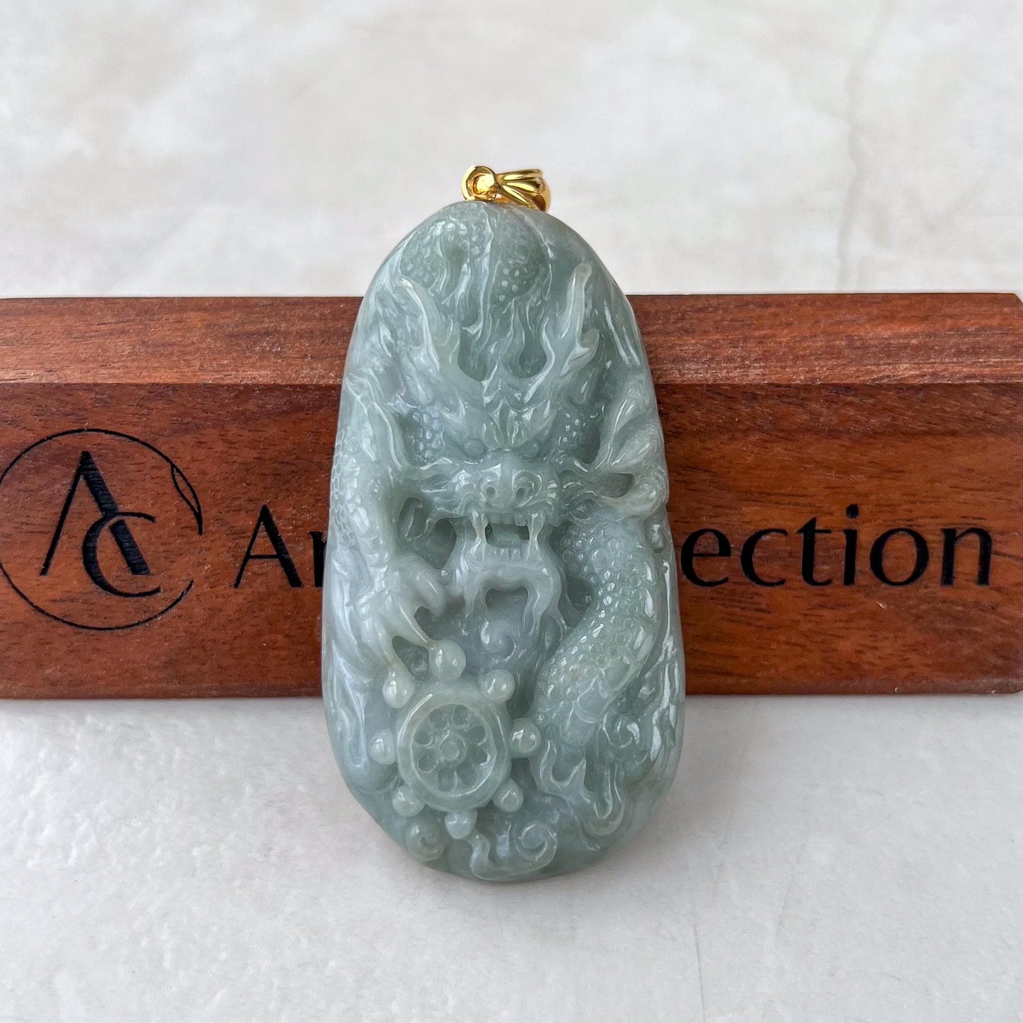 Celestial Helm Dragon Jade Pendant, Jadeite Jade Dragon Hand Carved Pendant with 18K Gold, BH-0224-0003060