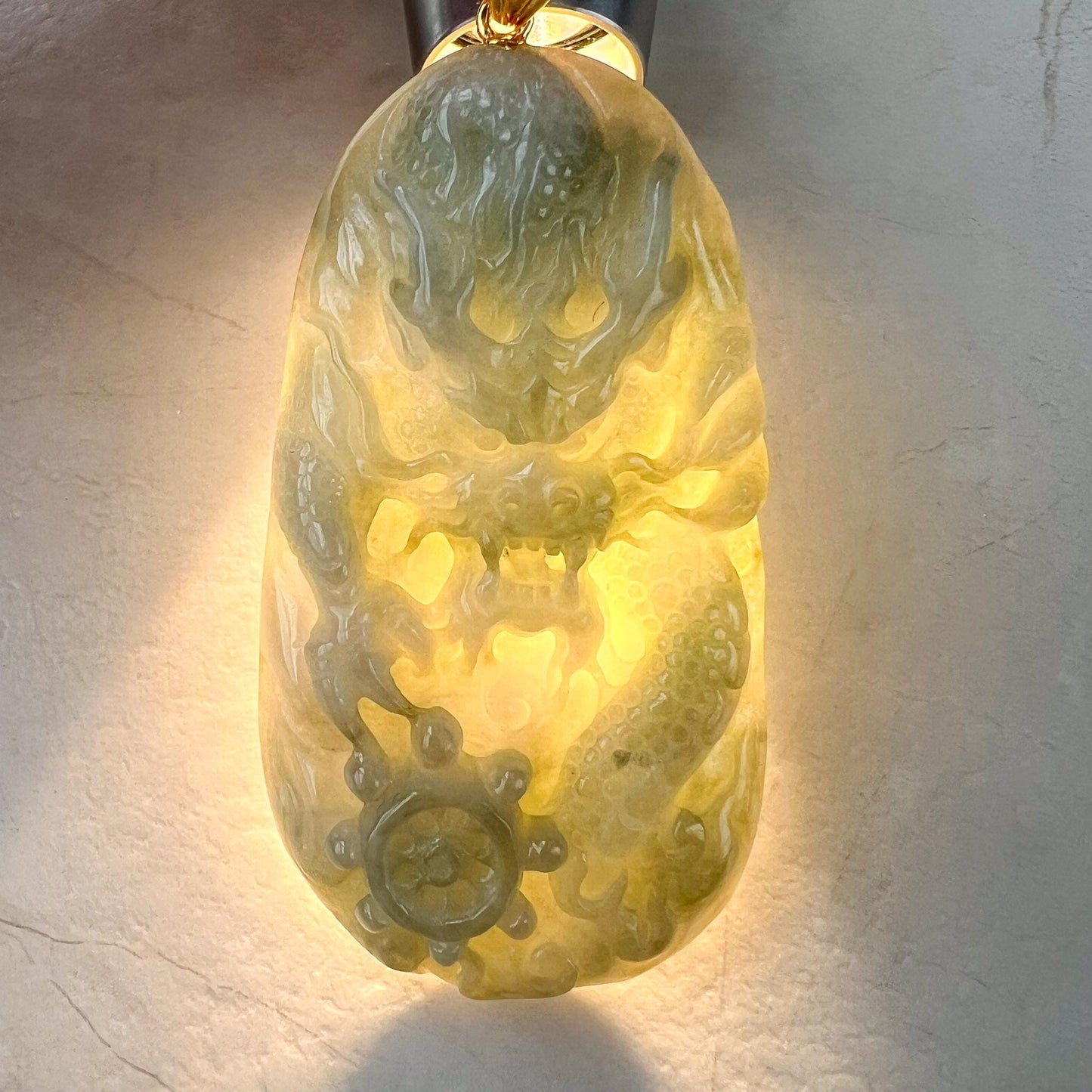 Celestial Helm Dragon Jade Pendant, Jadeite Jade Dragon Hand Carved Pendant with 18K Gold, BH-0224-0003060