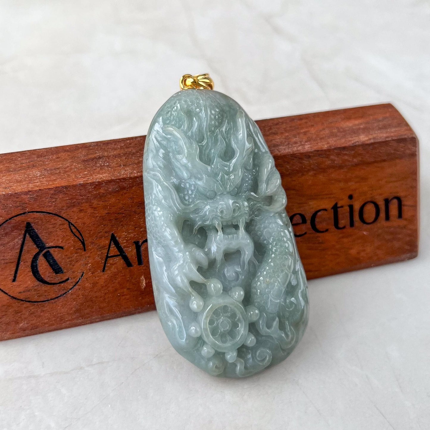 Celestial Helm Dragon Jade Pendant, Jadeite Jade Dragon Hand Carved Pendant with 18K Gold, BH-0224-0003060