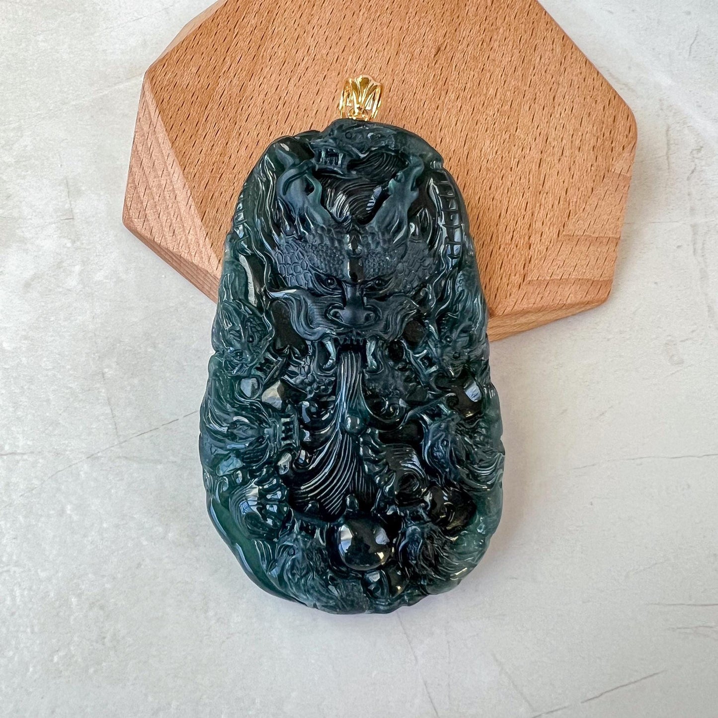 Nine Dragons of the Seas Jade Pendant, 9 Dragon Jadeite Jade with 18K Solid Gold Pendant, Dual Sided Carved Pendant, CAN-0424-1734902578