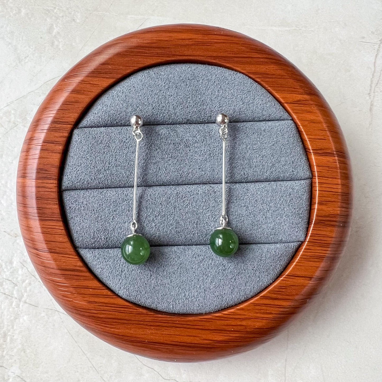 Jade Pendulum Earring Studs, Round Cut, Green Nephrite Jade Sterling Silver Earrings, JSY-0424-12016