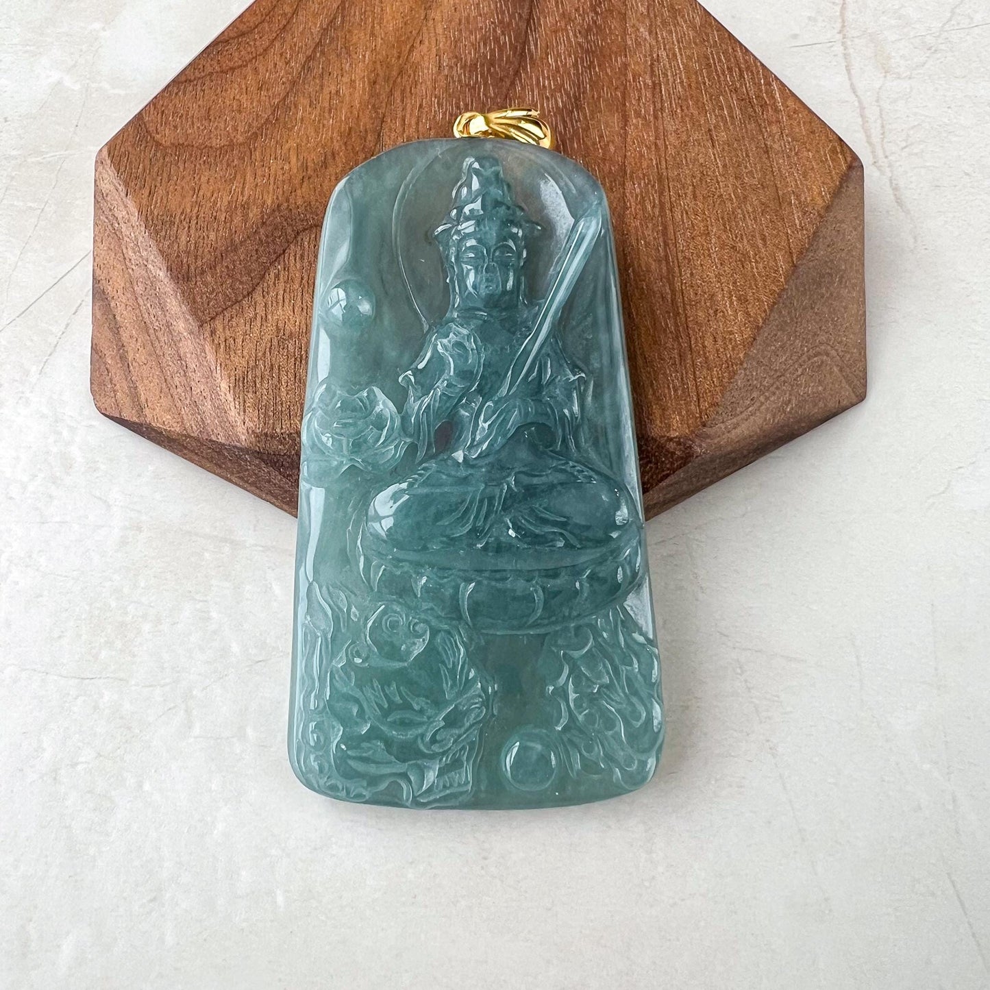 Manjushri Buddha Pendant with 18K gold, Jadeite Jade Wisdom Buddha Wen Shu, Văn Thù Sư Lợi Bồ Tát,  文殊, Carved Pendant, SC-0224-1735425932