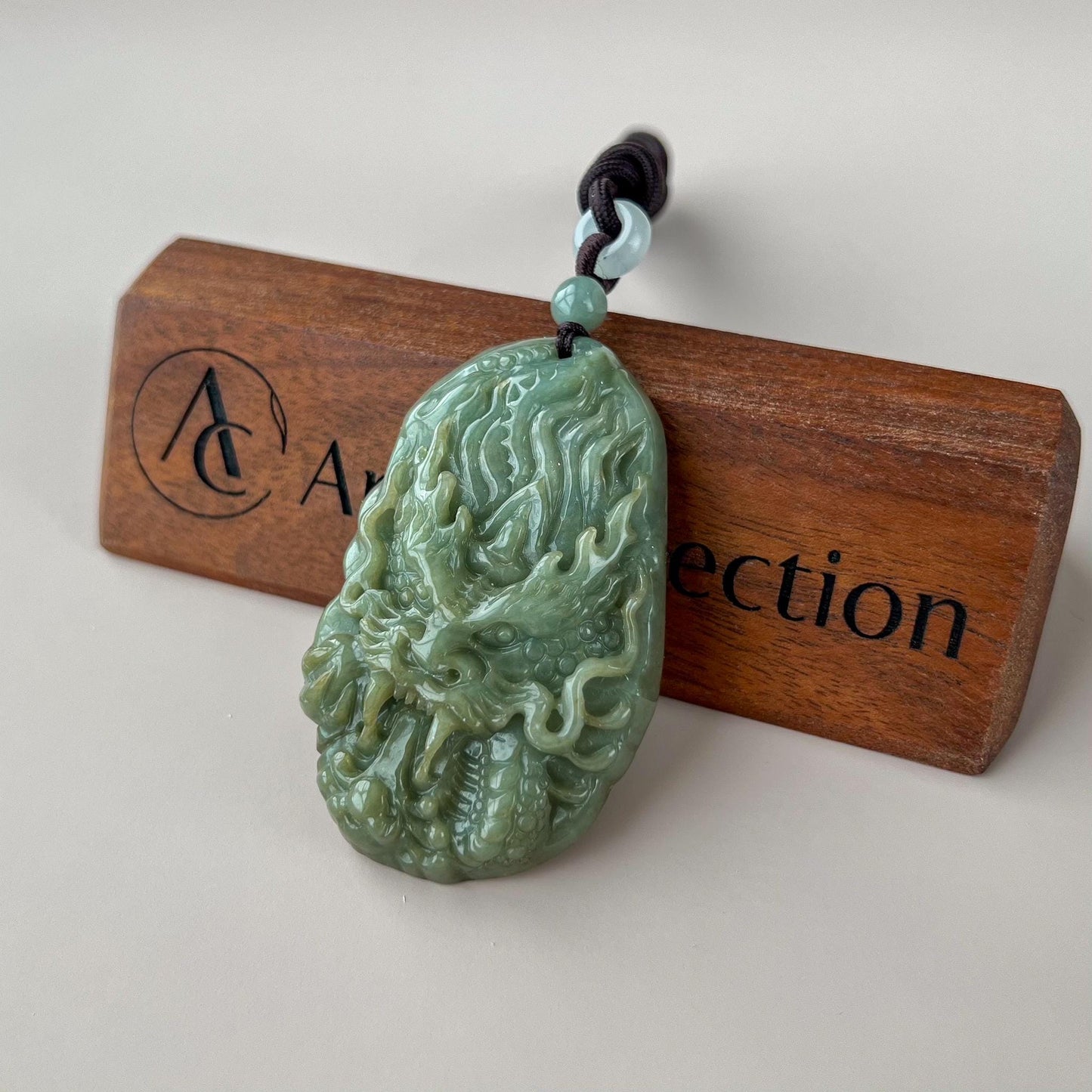 Emerald Flame Jade Dragon Pendant, Green Jadeite Jade Dragon Hand Carved Pendant Necklace, BGC-1222-0022402