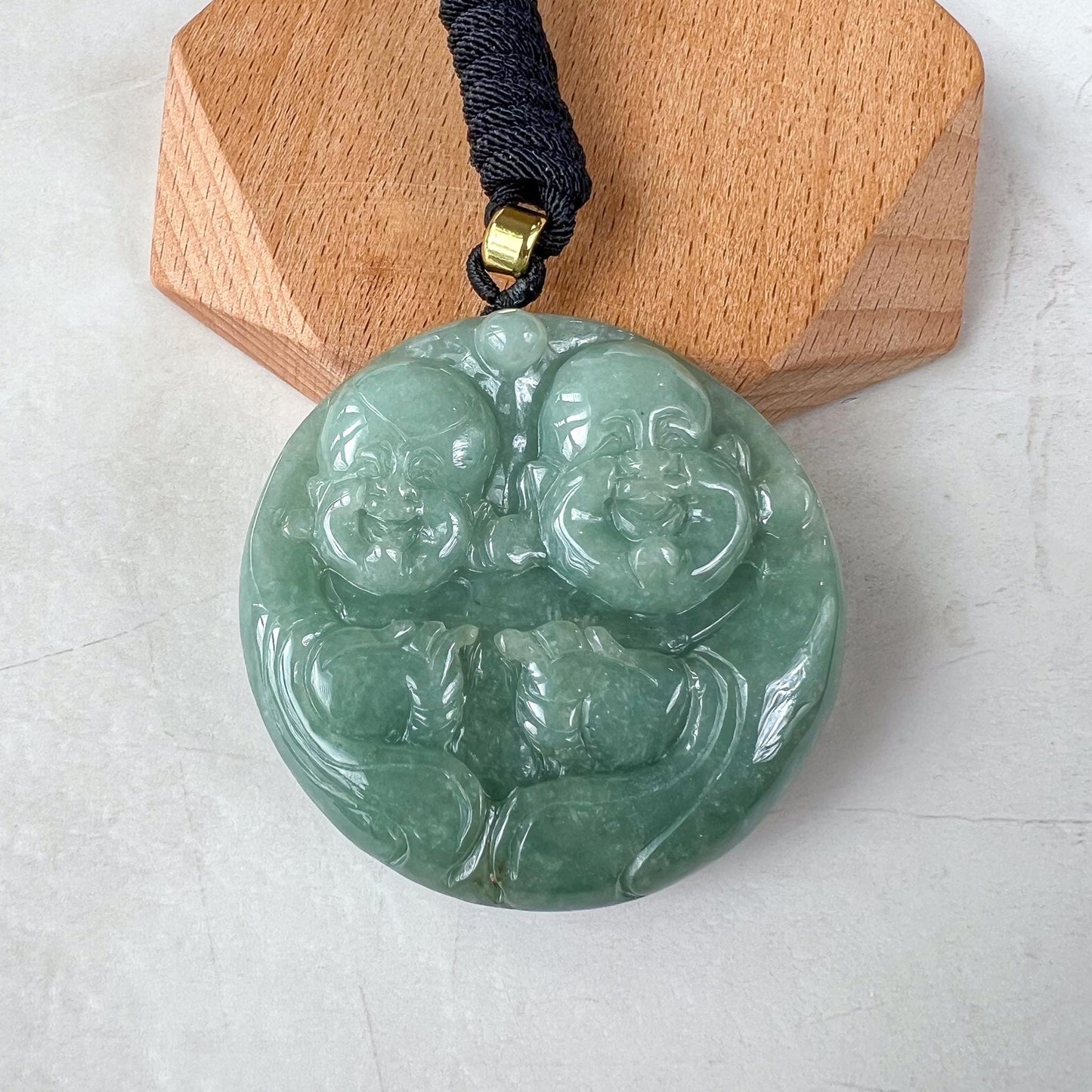 Large Double Laughing Buddha Jade Pendant, Large Happy Buddha, Green Jadeite Jade Carved Jadeite Pendant, Budai, YJ-0522-0418409