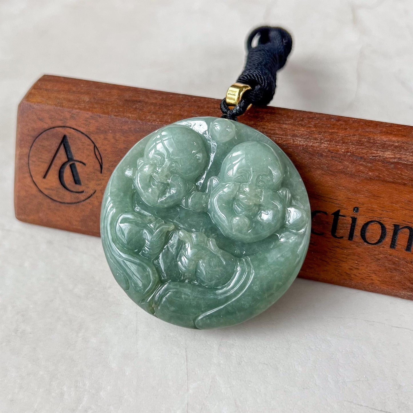 Large Double Laughing Buddha Jade Pendant, Large Happy Buddha, Green Jadeite Jade Carved Jadeite Pendant, Budai, YJ-0522-0418409