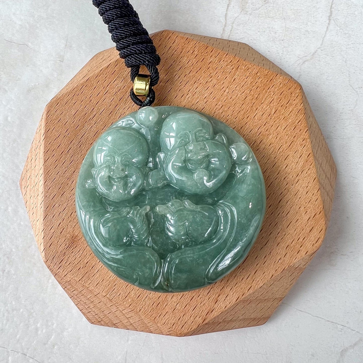 Large Double Laughing Buddha Jade Pendant, Large Happy Buddha, Green Jadeite Jade Carved Jadeite Pendant, Budai, YJ-0522-0418409