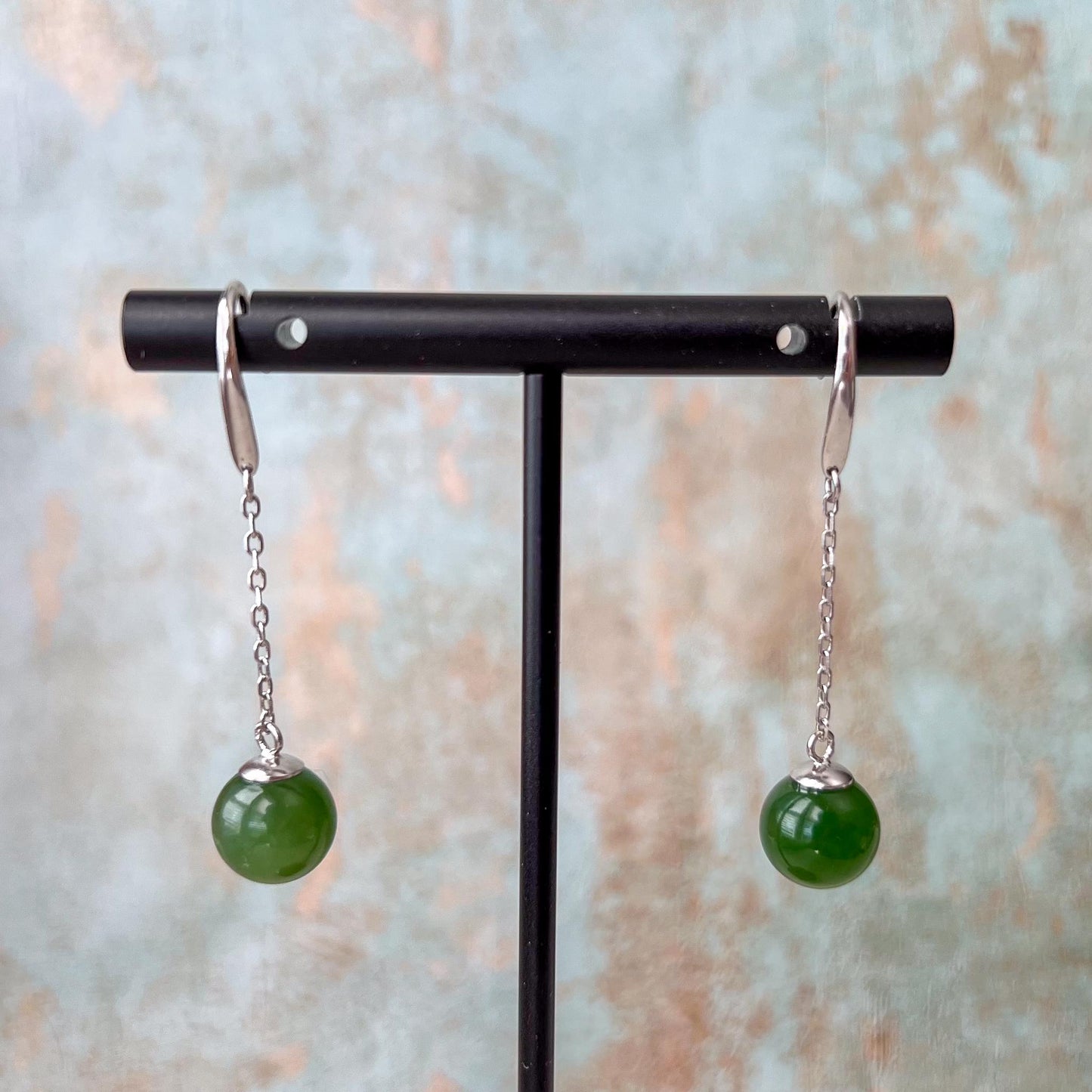 Jade Classic Drop Earrings, Green Nephrite Jade Sterling Silver Earrings, JSY-0424-12024