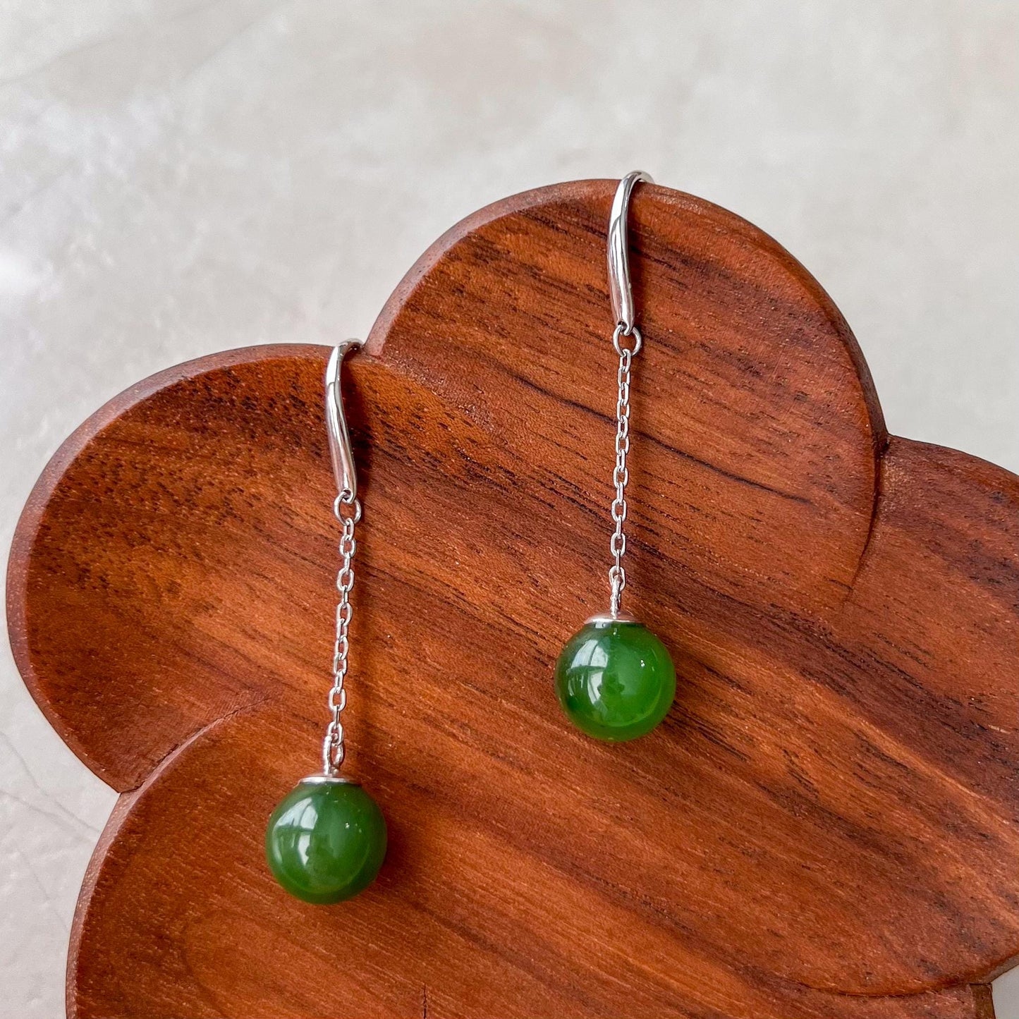 Jade Classic Drop Earrings, Green Nephrite Jade Sterling Silver Earrings, JSY-0424-12024